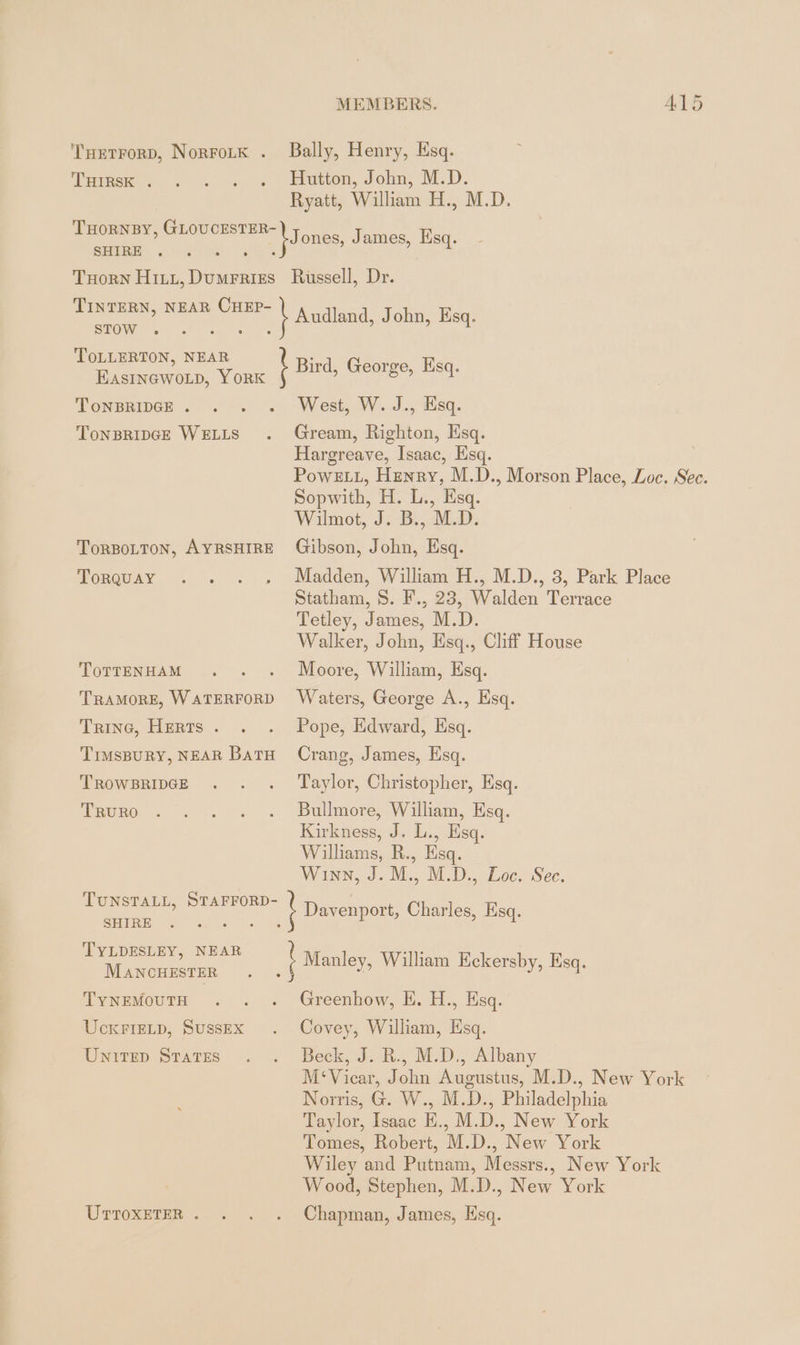 'TuetForD, NorroLk . Bally, Henry, Eisg. Terug 2 &lt;-&gt; = Iiutton, Johan, M.D. Ryatt, William H., M.D. THORNBY, GLOUCESTER- SHIRE . THoRN HiLı, aha Russell, Dr. TINTERN, NEAR CHEP- at Audland, J ohn, Esq. STOW . Jones, James, Esq. ToOLLERTON, NEAR Bird, George, Esq. EasincwoLp, YoRK ? Sa ToNBRIDGE . . . . West, W. J., Esq. TonBRIDGE WELLS . Gream, Righton, Hsq. Hargreave, Isaac, Esq. Power, Henry, M.D., Morson Place, Loe. Sec. Sopwith, He: , Esq. Wilmot, J. B., M.D. TORBOLTON, AYRSHIRE Gibson, John, Esq. Torquay . . . . Madden, William H., M.D., 3, Park Place Statham, S. F., 23, Walden Terrace Tetley, James, M.D. Walker, John, Esq., Cliff House TOTTENHAM . . . Moore, William, Esq. TRAMORE, WATERFORD Waters, George A., Esq. Trine, Herts. . . Pope, Edward, Esq. TimsBuRY, NEAR Batu Crang, James, Esq. TRowBRIDGeE . . . Taylor, Christopher, Esq. Teome . 0. « Bullmore, William, sq. Kirkness, J. L., Esq. Willams, R., Esq. Winn, J. M., M.D., Loe. See. TUNSTALL, STAFFORD- h Davenport, Charles, Esq. SHIRE TYLDESLEY, NEAR &gt; Mar CHESTER | Manley, William Eckersby, Esq. Tynemouth . . . Greenhow, E. H., Esq. UcKFIELD, Sussex . Covey, William, Hsq. Unirep States . . Beck, J. R., M.D., Albany M‘Vicar, John Augustus, M.D., New York Norris, G. W., M.D., Philadelphia Taylor, Isaac E., M.D., New York Tomes, Robert, M.D., New York Wiley and Putnam, Messrs., New York Wood, Stephen, M.D., New York UTTOXETER . . . . Chapman, James, Esq.