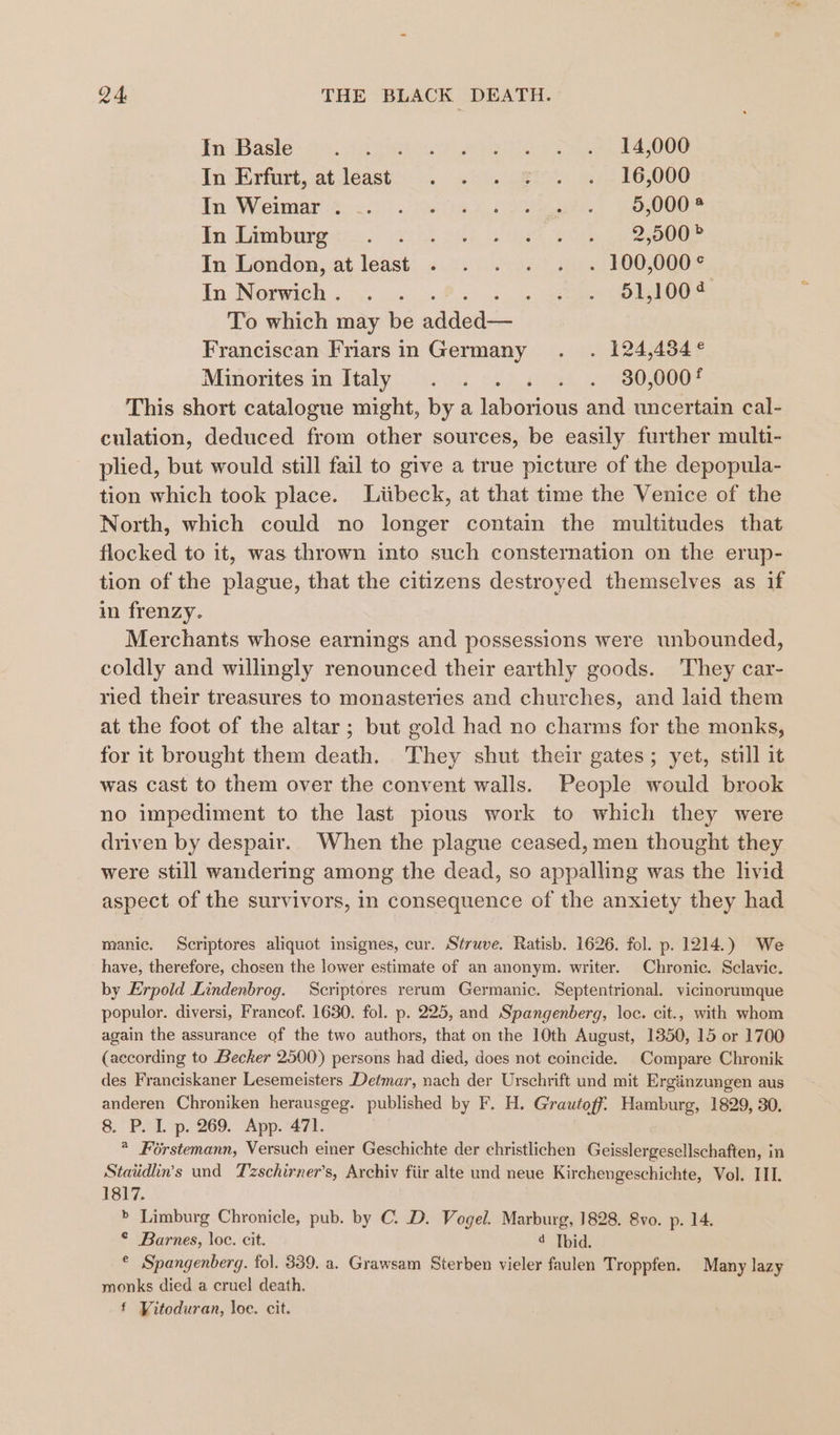 In Basle cts. Ag tietoos AGRE Pe Aa ee In -Birfott, atleast... So. sete mis 26,008 Tn Wieimar i615) ea Cote, BOE bn Wimabnre tre ay Ae te ee ee eee In‘ Loddon, at, least: 6.0. 02) sf OB 000k In Norwich. .. 0.9... 51,1002 To which may be added— Franciscan Friars in Germany . . 124,484° Minorites in dtaly 0.0.5 on.) 4/464 .9°30,0002 This short catalogue might, by a laborious and uncertain cal- culation, deduced from other sources, be easily further multi- plied, but would still fail to give a true picture of the depopula- tion which took place. Liibeck, at that time the Venice of the North, which could no longer contain the multitudes that flocked to it, was thrown into such consternation on the erup- tion of the plague, that the citizens destroyed themselves as if in frenzy. Merchants whose earnings and possessions were unbounded, coldly and willingly renounced their earthly goods. They car- ried their treasures to monasteries and churches, and laid them at the foot of the altar; but gold had no charms for the monks, for it brought them death. They shut their gates; yet, still it was cast to them over the convent walls. People would brook no impediment to the last pious work to which they were driven by despair. When the plague ceased, men thought they were still wandering among the dead, so appalling was the livid aspect of the survivors, in consequence of the anxiety they had manic. Scriptores aliquot insignes, cur. Struve. Ratisb. 1626. fol. p. 1214.) We have, therefore, chosen the lower estimate of an anonym. writer. Chronic. Sclavic. by Erpold Lindenbrog. Scriptores rerum Germanic. Septentrional. vicinorumque populor. diversi, Francof. 1630. fol. p. 225, and Spangenberg, loc. cit., with whom again the assurance of the two authors, that on the 10th August, 1350, 15 or 1700 (according to Becker 2500) persons had died, does not coincide. Compare Chronik des Franciskaner Lesemeisters Detmar, nach der Urschrift und mit Erginzungen aus anderen Chroniken herausgeg. published by F. H. G'rautoff. Hamburg, 1829, 30. 8.) P.oL p. 269. App. 471. * Férstemann, Versuch einer Geschichte der christlichen Geisslergesellschaften, in Staiidhn’s und Tzschirner’s, Archiv fiir alte und neue Kirchengeschichte, Vol. IIL. 1817. » Limburg Chronicle, pub. by C. D. Vogel. Marburg, 1828. 8vo. p. 14. © Barnes, \oc. cit. 4 Tbid. * Spangenberg. fol. 339. a. Grawsam Sterben vieler faulen Troppfen. Many lazy monks died a cruel death. f Viteduran, loe. cit.