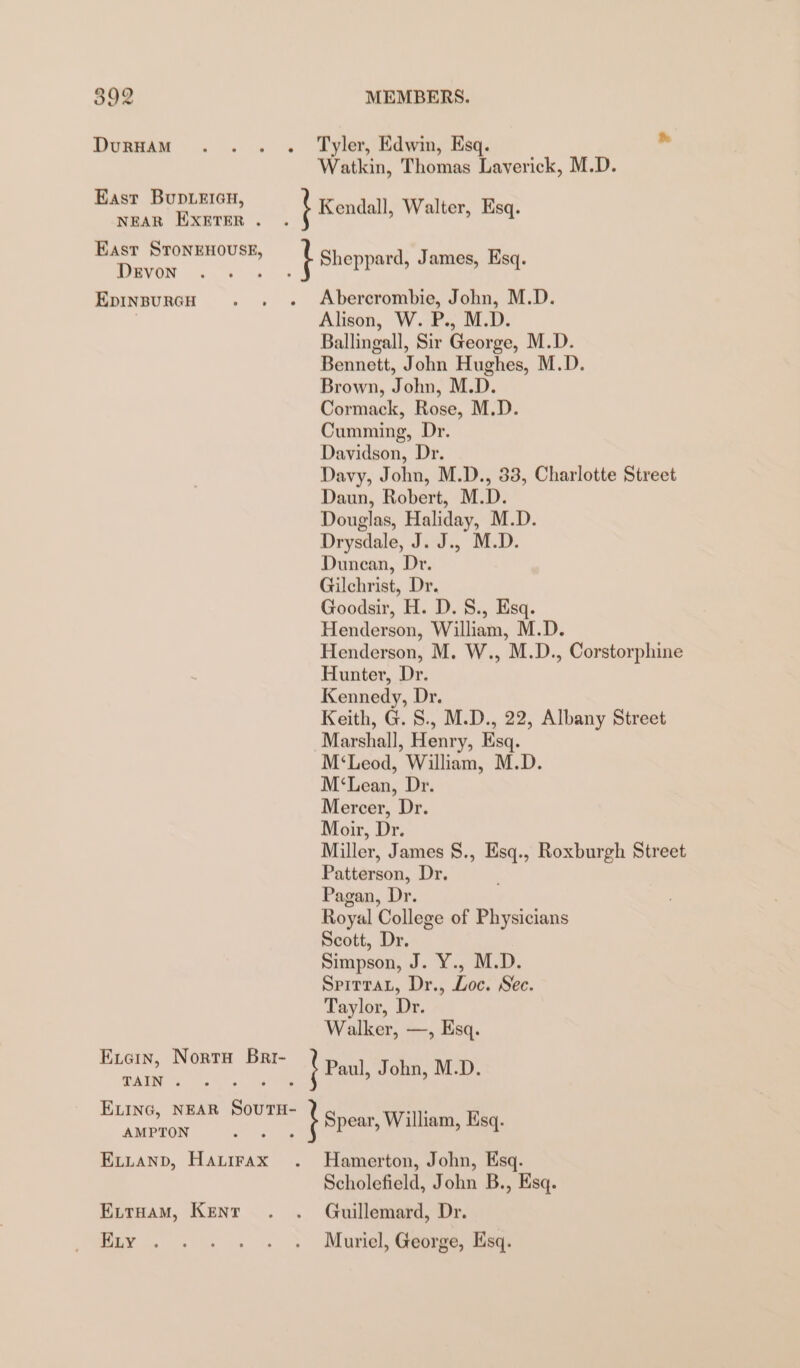 DuRHAM East BupLeicn, NEAR EXETER . East yo Drvon EDINBURGH Exern, Norra Bri- TAIN . e ELING, NEAR siochias AMPTON ELLAND, igieie Exvtruam, Kent Ey. Tyler, Edwin, Esq. * Watkin, Thomas Laverick, M.D. Abercrombie, John, M.D. Alison, W. P., M.D. Ballingall, Sir George, M.D. Bennett, John Hughes, M.D. Brown, John, M.D. Cormack, Rose, M.D. Cumming, Dr. Davidson, Dr. Davy, John, M.D., 33, Charlotte Street Daun, Robert, M.D. Douglas, Haliday, M.D. Drysdale, J. J., M.D. Dunean, Dr. Gilchrist, Dr. Goodsir, H. D.S., Esq. Henderson, William, M.D. Henderson, M. W., M.D., Corstorphine Hunter, Dr. Kennedy, Dr. Keith, G. 8., M.D., 22, Albany Street Marshall, Henry, Esq. M‘Leod, William, M.D. M‘Lean, Dr. Mercer, Dr. Moir, Dr. Miller, James 8., ae ., Roxburgh Street Patterson, Dr. Pagan, Dr. Royal College of Physicians Scott, Dr Simpson, J. Y., M.D. Spitra., Dr., Loc. Sec. Taylor, Dr. Walker, —, Esq. Hamerton, John, Esq. Scholefield, John B., Esq. Guillemard, Dr. Muriel, George, Ksq.