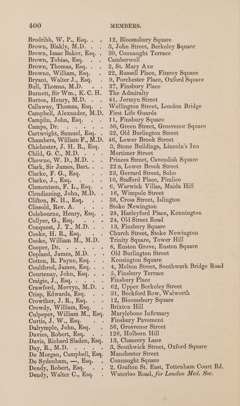 Brodribb, W. P., Esq. . Brown, Blakly, M.D. . Brown, Isaac Baker, Esq. . Brown, Tobias, Esq. Brown, Thomas, Esq. . Browne, William, Esq. Bryant, Walter J., Esq. Bull, Thomas, M. ice Burnett, Sir Wm., K.C. fc Burton, Henry, M.D. Callaway, Thomas, Esq. Camplin, John, Esq. Camps, Dr. . Cartwright, Samuel, Esq. . Chambers, William F., M.D. Chichester, J. H. R. , Esq Child, G. C., NOD. Chowne, w. D., M.D. Clark, Sir James, Ban : Clarke, F. G., Esq. Clarke, J., Esq. Clementson, ¥, L. , Esq. Clendinning, J ohn, M.D. Clifton, N. H., Esq. Clissold, Rev. A. Colebourne, Henry, Esq. Conquest, z. T., M.D. Cooke, H. R. , Esq. Cooper, Dr. . . Copland, James, M. D. Cotton, R. Payne, Esq. - Coulthred, James, Esq. . Courtenay, John, Esq. Craigie, J., Esq. . . Crawford, Mervyn, M.D. Crisp, Edwards, Esq. Crowther, J. R., Esq. Crowdy, William, Esq. Curtis, J. W., Esq. Dalrymple, J ohn, Ksq. Davies, Robert, Esq. . Davis, Richard Sladen, Esq. Day, R., M.D. De Sydenham, —, Esq. Dendy, Robert, Esq. Dendy, Walter C., Hsq. 12, Bloomsbury Square 3, John Street, Berkeley Square 39, Connaught Terrace Camberwell 2, St. Mary Axe 22, Russell Place, Fitzroy Square 9, Porchester Place, Oxford Square 27, Finsbury Place The Admiralty 41, Jermyn Street Wellington Street, London Bridge First Life Guards 11, Finsbury Square 50, Green Street, Grosvenor Square 32, Old Burlington Street 46, Lower Brook Street 8, Stone Buildings, Lincoln’s Inn Mortimer Street Princes Street, Cavendish Square 22 8, Lower Brook Street 23, Gerrard Street, Soho 10, Stafford Place, Pimlico 6, Warwick Villas, Maida Hill 16, Wimpole Street 38, Cross Street, Islington Stoke Newington 28, Harleyford Place, Kennington 24, Old Street Road 13, Finsbury Square Church Street, Stoke Newington Trinity Square, Tower Hill 8, Euston Grove, Euston Square Old Burlington Street Kensington Square 4, Melton Street, Southwark Bridge Road 5, Finsbury Terrace Finsbury Place 62, Upper Berkeley Street 31, Beckford Row, Walworth 12, Bloomsbury Square Brixten Hill - Marylebone Infirmary Finsbury Pavement 56, Grosvenor Street 126, Holborn Hill 13, Chancery Lane 3, Southwick Street, Oxford Square Manchester Street Connaught Square 2, Grafton St. East, Tottenham Court Rd. Waterloo Road for London Med. Soc.