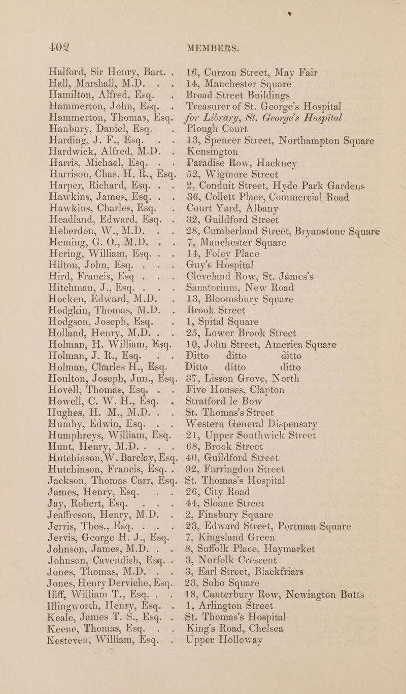 Halford, Sir Henry, Bart. . Hall, Marshall, M.D... . Hamilton, Alfred, Esq. Hammerton, John, Hsq. 16, Curzon Street, May Fair 14, Manchester Square Broad Street Buildings Treasurer of St. George’s Hospital Hanbury, Daniel, Esq. Harding, J. Koj iisq.. \). Hardwick, Alfred, M.D. Harris, Michael, Esq. . . Harrison, Chas. H. R., Esq. Harper, Richard, Esq. . Hawkins, James, Esq. Hawkins, Charles, Esq. Headland, Edward, Esq. Heberden, W., M.D. Heming, G.O., M.D. . Hering, William, Esq. . Hilton, John, Esq. Hird, Francis, Esq . Hitchman, J., Esq. . . Hocken, Edward, M.D. Hodgkin, Thomas, M.D. Hodgson, Joseph, Esq. Holland, Henry, M.D... . Holman, H. William, Esq. Holman, J. R., Esq. Holman, Charles H., Esq. Hovell, Thomas, Esq. . Howell, C. W. H., Esq. Hughes, H. M., M.D. Humby, Edwin, Hsq. . . Humphreys, William, Ksq. Hunt, Henry, M.D. Hutchinson, Francis, Esq. . Jackson, Thomas Shire, Bs James, Henry, Kisq. Jay, Robert, Esq. Jeaffreson, Henry, M.D. Jerris, Thes.,..0sq.” 58 Jervis, George HM idk Esq. Johnson, James, M. Behl Johnson, Cavendish, Esq. . Jones, Thomas, M.D... Jones, Henry Derviche, Esq. iff, William T., Esq. . Illingworth, Henry, Esq. Keale, James I’. 8., Esq. . Keene, Thomas, Esq. . Kesteven; William, Esq.. Plough Court 13, Spencer Street, Northampton Square Kensington Paradise Row, Hackney 52, Wigmore Street 2, Conduit Street, Hyde Park Gardens 36, Collett Place, Commercial Road Court Yard, Albany | 32, Guildford Street 28, Cumberland Street, Bryanstone Square 7, Manchester Square 14, Foley Place Guys Hospital Cleveland Row, St. James’s Sanatorium, New Road 13, Bloomsbury Square Brook Street 1, Spital Square 25, Lower Brook Street 10, John Street, America Square Ditto —_ ditto ditto Ditto ditto ditto 37, Lisson Grove, North Five Houses, Clapton Stratford le Bow St. Thomas's Street Western General Dispensary 21, Upper Southwick Street 68, Brook Street 40), Guildford Street 92, Farringdon Street St. Thomas's Hospital 26, City Road 44, Sloane Street 2, Finsbury Square 23, Edward Street, Portman Square 7, Kingsland Green 8, Suffolk Place, Haymarket 3, Norfolk Crescent 3, Earl Street, Blackfriars 23, Soho Square 18, Canterbury Row, Newington Butts a: ‘Arlington Street St. Thomas's Hospital King’s Road, Chelsea Upper Holloway