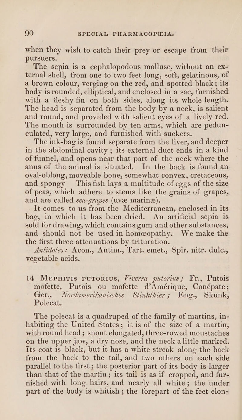 when they wish to catch their prey or escape from their pursuers. The sepia is a cephalopodous mollusc, without an ex- ternal shell, from one to two feet long, soft, gelatinous, of a brown colour, verging on the red, and spotted black ; its body is rounded, elliptical, and enclosed in a sac, furnished with a fleshy fin on both sides, along its whole length. The head is separated from the body by a neck, is salient and round, and provided with salient eyes of a lively red. The mouth is surrounded by ten arms, which are pedun- culated, very large, and furnished with suckers. The ink-bag is found separate from the liver, and deeper in the abdominal cavity ; its external duct ends in a kind of funnel, and opens near that part of the neck where the anus of the animal is situated. In the back is found an oval-oblong, moveable bone, somewhat convex, cretaceous, and spongy ‘This fish lays a multitude of eggs of the size of peas, which adhere to stems like the grains of grapes, and are called sea-grapes (uve marine). It comes to us from the Mediterranean, enclosed in its bag, in which it has been dried. An artificial sepia is sold for drawing, which contains gum and other substances, and should not be used in homeopathy. We make the the first three attenuations by trituration. Antidotes: Acon., Antim., Tart. emet., Spir. nitr. dulc., vegetable acids. 14 Mepuiris putorius, Viverra putorius; Fr., Putois mofette, Putois ou mofette d’Amérique, Conépate; Ger., Nordamerihansches Stinkther; Eng., Skunk, Polecat. The polecat is a quadruped of the family of martins, in- habiting the United States; it is of the size of a martin, with round head; snout elongated, three-rowed moustaches on the upper jaw, a dry nose, and the neck alittle marked. Its coat is black, but it has a white streak along the back from the back to the tail, and two others on each side parallel to the first ; the posterior part of its body is larger than that of the martin; its tail is as if cropped, and fur- nished with long. hairs, and nearly all white; the under part of the body is whitish ; the forepart of the feet elon-