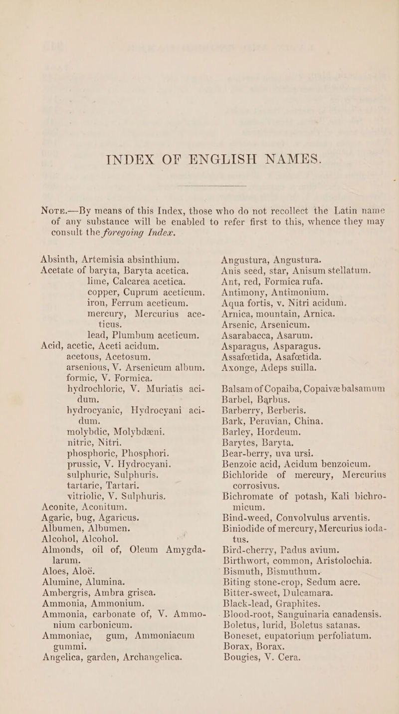 consult the foregoing Index. Absinth, Artemisia absinthium. Acetate of baryta, Baryta acetica. lime, Calcarea acetica. copper, Cuprum aceticum. iron, Ferrum aceticum. mercury, Mercurius ace- ticus. lead, Plumbum aceticum. Acid, acetic, Aceti acidum. acetous, Acetosum. arsenious, V. Arsenicum album. formic, V. Formica. hydrochloric, V. Muriatis aci- dum. hydrocyanic, Hydrocyani aci- dum. molybdic, Molybdeeni. nitric, Nitri. phosphoric, Phosphori. prussic, V. Hydrocyani. sulphuric, Sulphuris. tartaric, Tartari. vitriolic, V. Sulphuris. Aconite, Aconitum. Agaric, bug, Agaricus. Albumen, Albumen. Alcohol, Alcohol. Almonds, oil of, Oleum Amygda- larum. Aloes, Aloe. Alumine, Alumina. Ambergris, Ambra grisea. Ammonia, Ammonium, Ammonia, carbonate of, V. Ammo- nium carbonicum. Ammoniac, gum, Ammoniacum gummi. Angelica, garden, Archangelica. Angustura, Angustura. Anis seed, star, Anisum stellatum. Ant, red, Formica rufa. Antimony, Antimonium. Aqua fortis, v. Nitri acidum. Arnica, mountain, Arnica. Arsenic, Arsenicum. Asarabacca, Asarum. Asparagus, Asparagus. Assafoetida, Asafoetida. Axonge, Adeps suilla. Balsam of Copaiba, Copaive balsamum Barbel, Barbus. Barberry, Berberis. Bark, Peruvian, China. Barley, Hordeum. Barytes, Baryta. Bear-berry, uva ursi. Benzoic acid, Acidum benzoicum. Bichloride of mercury, Mercurius corrosivus. Bichromate of potash, Kali bichro- micum. Bind-weed, Convolvulus arventis. Biniodide of mercury, Mercurius ioda- tus. Bird-cherry, Padus avium. Birthwort, common, Aristolochia. Bismuth, Bismuthum. Biting stone-crop, Sedum acre. Bitter-sweet, Dulcamara. Black-lead, Graphites. Blood-root, Sanguinaria canadensis. Boletus, lurid, Boletus satanas. Boneset, eupatorium perfoliatum. Borax, Borax. Bougies, V. Cera.
