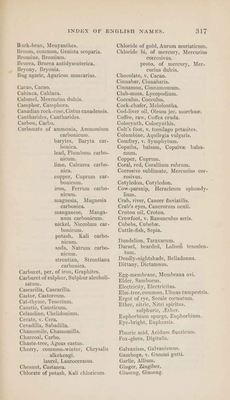 Buck-bean, Menyanthes. Broom, common, Genista scoparia. Bromine, Bromium. Brucea, Brucea antidysenterica. Bryony, Bryonia. Bug agaric, Agaricus muscarius. Cacao, Cacao. Cahinca, Cahinca. Calomel, Mercurius dulcis. Camphor, Camphora. Canadian rock-rose, Cistus canadensis. Cantharides, Cantharides. Carbon, Carbo. Carbonate of ammonia, Ammonium carbonicum. barytes, Baryta car- bonica. lead, Plumbum carbo- nicum. lime, Calcarea carho- nica. copper, Cuprum car- bonicum. iron, Ferrum carbo- nicum. magnesia, Magnesia carbonica. manganese, Manga- num carbonicum. nickel, Niccolum car- bonicum. potash, Kali nicum. soda, Natrum carbo- nicum. strontian, Strontiana carbonica. Carburet, per, of iron, Graphites. Carburet of sulphur, Sulphur alcoholi- satum. Cascarilla, Cascarilla. Castor, Castoreum. Cat-thyme, Teucrium. Caustic, Causticum. Celandine, Chelidonium. Cerate, v. Cera. Cevadilla, Sabadilla. Chamomile, Chamomilla. Charcoal, Carbo. Chaste-tree, Agnus castus. Cherry, common-winter, Chrysalis alkekengi. laurel, Laurocerasus. Chesnut, Castanea. Chlorate of potash, Kali chloricum. carbo- 317 Chloride of gold, Aurum muriaticum. Chloride bi, of mercury, Mercurius corrosivus. proto, of mercury, Mer- curius dulcis. Chocolate, v. Cacao. Cinnabar, Cinnabaris. Cinnamon, Cinnamomum. Club-moss, Lycopodium. Cocculus, Cocculus. Cock-chafer, Melolontha. Cod-liver oil, Oleum jec. morrhue. Coffee, raw, Coffea cruda. Colocynth, Colocynthis. Colt’s foot, v. tussilago petasites. Columbine, Aquilegia vulgaris. Comfrey, v. Symphytum. Copaiba, balsam, Copaive balsa- mum. Copper, Cuprum. Coral, red, Corallium rubrum. Corrosive sublimate, Mercurius cor- rosivus. Cotyledon, Cotyledon. Cow-parsnip, Heracleum sphondy- lium. Crab, river, Cancer fluviatilis. Crab’s eyes, Cancrorum oculi. Croton oil, Croton. Crowfoot, v. Ranunculus acris. Cubebs, Cubebe. Cuttle-fish, Sepia. Dandelion, Taraxacum. _ Darnel, bearded, Lolium temulen- tum. Deadly-nightshade, Belladonna. Dittany, Dictamnus. Egg-membrane, Membrana ovi. Elder, Sambucus. Electricity, Electricitas. Elm-tree, common, Ulmus campestris. Ergot of rye, Secale cornutum. Ether, nitric, Nitri spiritus. ~ sulphuric, Atther. Euphorbium spurge, Euphorbium. Eye-bright, Euphrasia. Fluoric acid, Acidum fluoricum. Fox-glove, Digitalis. Galvanism, Galvanismus. Gamboge, v. Gummi gutti. Garlic, Allium. Ginger, Zingiber. Ginseng, Ginseng.