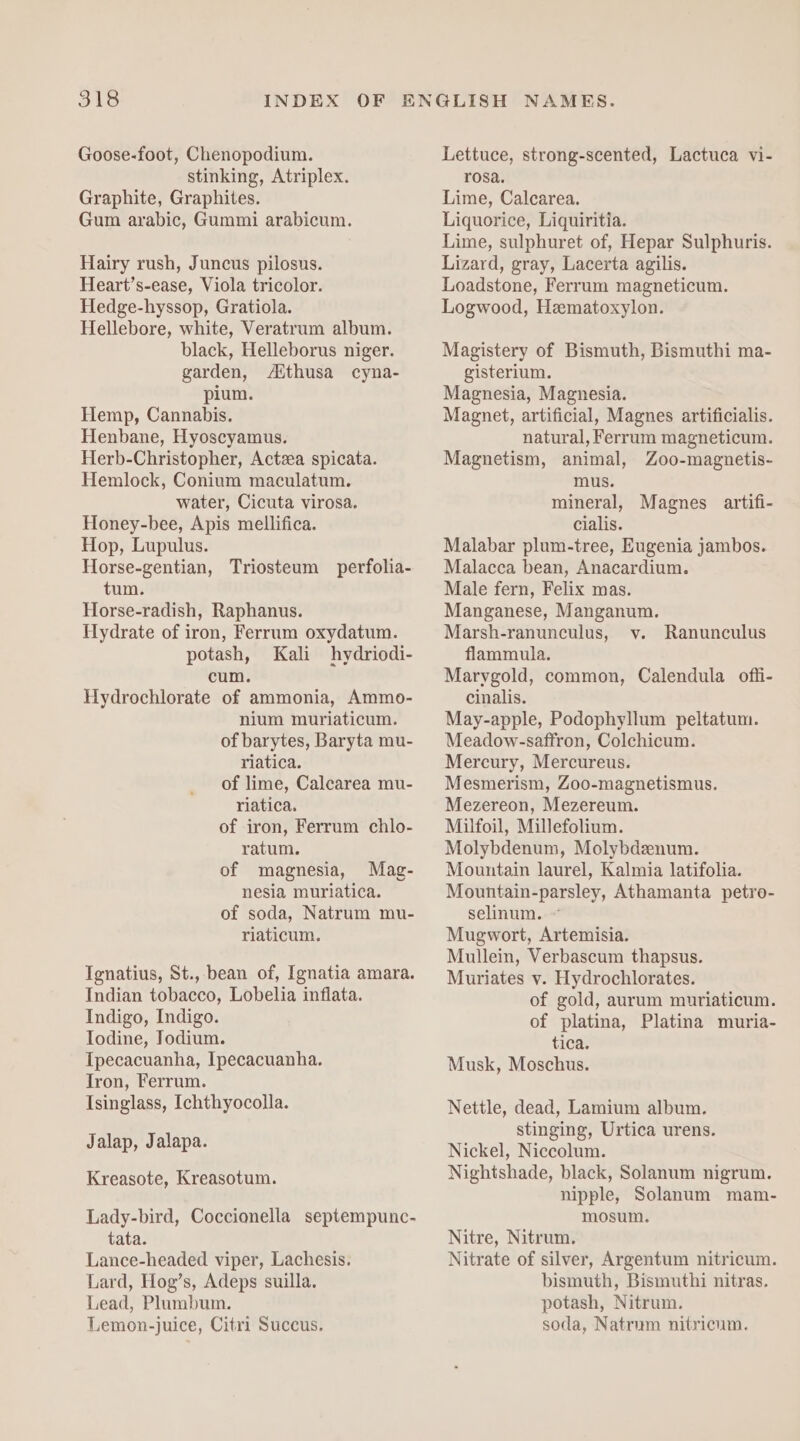 Goose-foot, Chenopodium. stinking, Atriplex. Graphite, Graphites. Gum arabic, Gummi arabicum. Hairy rush, Juncus pilosus. Heart’s-ease, Viola tricolor. Hedge-hyssop, Gratiola. Hellebore, white, Veratrum album. black, Helleborus niger. garden, Aithusa cyna- pium. Hemp, Cannabis. Henbane, Hyoscyamus. Herb-Christopher, Actza spicata. Hemlock, Conium maculatum. water, Cicuta virosa. Honey-bee, Apis mellifica. Hop, Lupulus. Horse-gentian, Triosteum perfolia- tum. Horse-radish, Raphanus. Hydrate of iron, Ferrum oxydatum. potash, Kali hydriodi- cum. Hydrochlorate of ammonia, Ammo- nium muriaticum. of barytes, Baryta mu- riatica. of lime, Calcarea mu- riatica. of iron, Ferrum chlo- ratum. of magnesia, Mag- nesia muriatica. of soda, Natrum mu- riaticum. Ignatius, St., bean of, Ignatia amara. Indian tobacco, Lobelia inflata. Indigo, Indigo. Iodine, Jodium. Ipecacuanha, Ipecacuanha. Tron, Ferrum. Isinglass, Ichthyocolla. Jalap, Jalapa. Kreasote, Kreasotum. Lady-bird, Coccionella septempunc- tata. Lance-headed viper, Lachesis. Lard, Hog’s, Adeps suilla. Lead, Plumbum. Lemon-juice, Citri Succus. Lettuce, strong-scented, Lactuca vi- rosa. Lime, Calcarea. Liquorice, Liquiritia. Lime, sulphuret of, Hepar Sulphuris. Lizard, gray, Lacerta agilis. Loadstone, Ferrum magneticum. Logwood, Hematoxylon. Magistery of Bismuth, Bismuthi ma- gisterium. Magnesia, Magnesia. Magnet, artificial, Magnes artificialis. natural, Ferrum magneticum. Magnetism, animal, Zoo-magnetis- mus. mineral, Magnes artifi- cialis. Malabar plum-tree, Eugenia jambos. Malacca bean, Anacardium. Male fern, Felix mas. Manganese, Manganum. Marsh-ranunculus, yv. Ranunculus flammula. Marygold, common, Calendula ofli- cinalis. May-apple, Podophyllum peltatum. Meadow-saffron, Colchicum. Mercury, Mercureus. Mesmerism, Zoo-magnetismus. Mezereon, Mezereum. Milfoil, Millefolium. Molybdenum, Molybdenum. Mountain laurel, Kalmia latifolia. Mountain-parsley, Athamanta petro- selinum. ~ Mugwort, Artemisia. Mullein, Verbascum thapsus. Muriates v. Hydrochlorates. of gold, aurum muriaticum. of platina, Platina muria- tica. Musk, Moschus. Nettle, dead, Lamium album. stinging, Urtica urens. Nickel, Niccolum. Nightshade, black, Solanum nigrum. nipple, Solanum mam- mosum. Nitre, Nitrum. Nitrate of silver, Argentum nitricum. bismuth, Bismuthi nitras. potash, Nitrum. soda, Natrum nitricum.