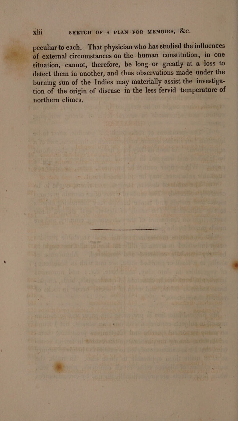 xlit SKETCH OF A PLAN FOR MEMOIRS, &amp;c. ___ peculiar toeach. That physician who has studied the influences whe: of external circumstances on the human constitution, in one situation, cannot, therefore, be long or greatly at a loss to detect them in another, and thus observations made under the burning sun of the Indies may materially assist the investiga- tion of the origin of disease in the less fervid temperature of northern climes.