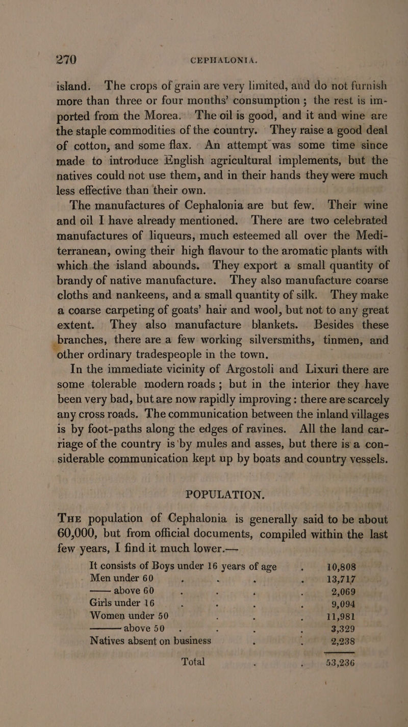 island. The crops of grain are very limited, and do not furnish more than three or four months’ consumption ; the rest is im- ported from the Morea. The oil is good, and it and wine are the staple commodities of the country. They raise a good deal of cotton, and some flax. An attempt was some time since made to introduce English agricultural implements, but the natives could not use them, and in their hands they were much less effective than their own. The manufactures of Cephalonia are but few. Their wine and oil I have already mentioned. ‘There are two celebrated manufactures of liqueurs, much esteemed all over the Medi- terranean, owing their high flavour to the aromatic plants with which the island abounds. They export a small quantity of brandy of native manufacture. They also manufacture coarse cloths and nankeens, and a small quantity of silk. They make a coarse carpeting of goats’ hair and wool, but not to any great extent. They also manufacture blankets. Besides these branches, there are a few working silversmiths, tinmen, ane other ordinary tradespeople in the town. In the immediate vicinity of Argostoli and Lixuri there are some tolerable modern roads ; but in the interior they have been very bad, but are now rapidly improving : there are scarcely any cross roads. The communication between the inland villages is by foot-paths along the edges of ravines. All the land car- riage of the country is'by mules and asses, but there is a con- _siderable communication kept up by boats and country vessels. POPULATION. Tue population of Cephalonia is generally said to be about 60,000, but from official documents, compiled within the last few years, I find it much lower.— It consists of Boys under 16 years of age ‘ 10,808 Men under 60 i A a ¥ 13,717 — above 60 ; : P . 2,069 Girls under 16 7 : ‘ : 9,094 Women under 50 : ‘ : 11,981 above 50. ; : : 3,329 Natives absent on business i i 2,238 Total _ 53,236 :