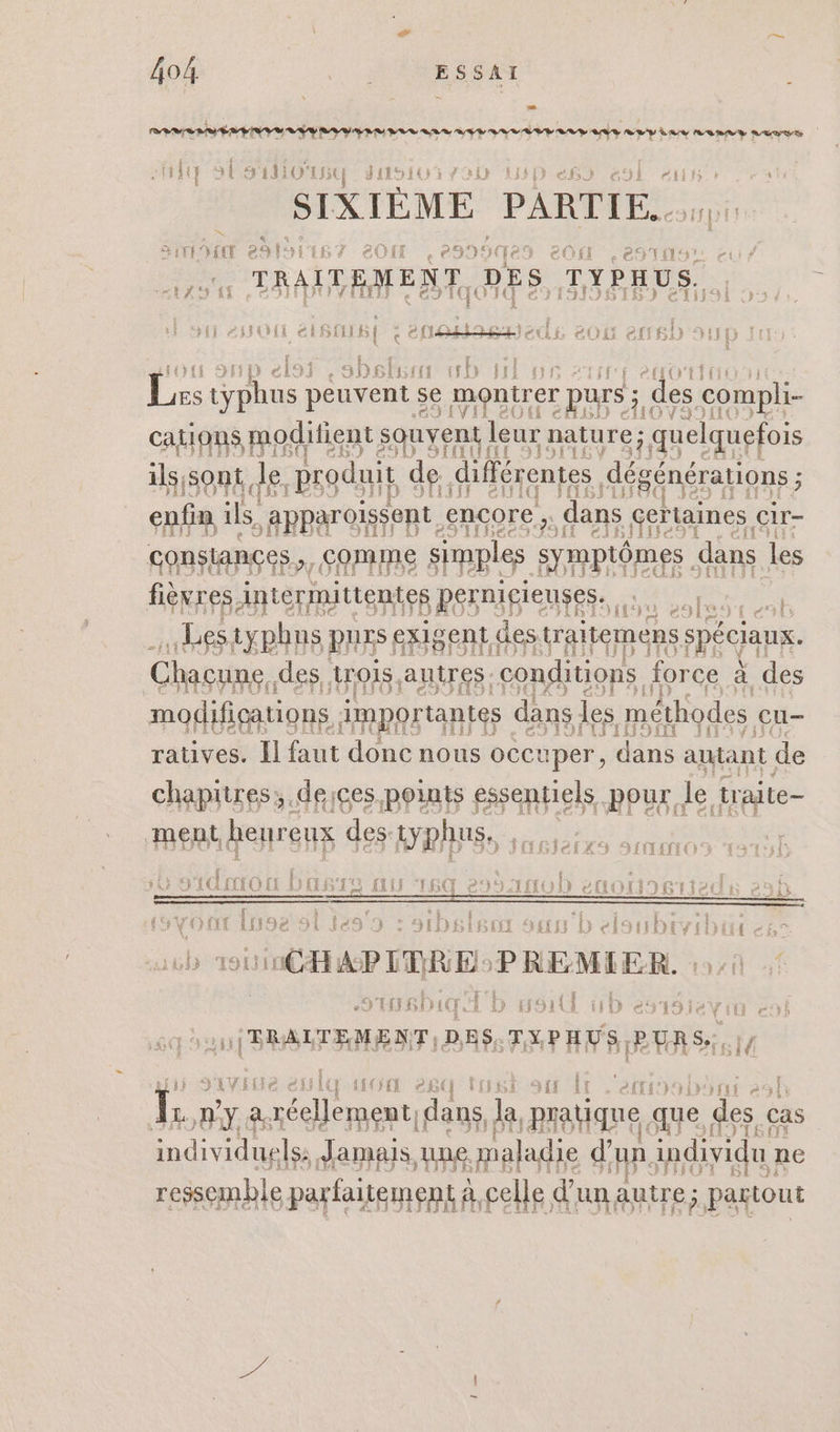 o . ESSax -H14 1 CYR 0150 ditsit 31) D « SIXIÈME PARTIE... Le re iVt' A (CE pat: ÿ Er 7 FTe : Ps s | &gt; {te ASIE. - {Y 3? CRAITEMENT An TYPHUS. 129 1 e9 14014 CAUSE à D &lt; Pfi #MÉJUNGI #istus | + ENOHE sh rl s 3)$ ls f{i ff E 1) f e (Et M'EICTE peuvent se montrer purs; des compli- (SES! Le LE: sie are cations modifient souvent leurn nature; ; quelquefois ils,sont de. produit de. différentes dégénérations ; cé ils, “apparoissent. encore, dans Fiboens CIr- QE conslances comme simples symptômes. dans les fièvres inter iittentes pernigieuses., Rd Les typhus puis € exigent des traitemens spéciaux. Chacune. des, rois, autres. ‘conditions force à à des modifications importantes dans jes méthodes cu- ratives. Il faut donc nous occuper, dans autant de chapitres; de ces points essentiels. pour. le dreite ment heureux des yphus, jee a PUB AJ OI OD 4351930 Li Hbteh bos're ITIS LOGO L2OIDAINOUD AOL tie E re D a [use st e9's : srbslscx sun b eioubi VIDE 2A° ixhatait CHAPITRE. PREMIER. | a FAFHVS BE pue tif &lt;j'Y Vilie fi 1r iff JE e°&amp; q DLIET ){f Ir 5 11 à Tr L DY à réellement, dans, la pratique que. es cas individuels Jamais, une. m maladie d un individu : ne | TP ressemble p af faitement à f celle d unauire; partout