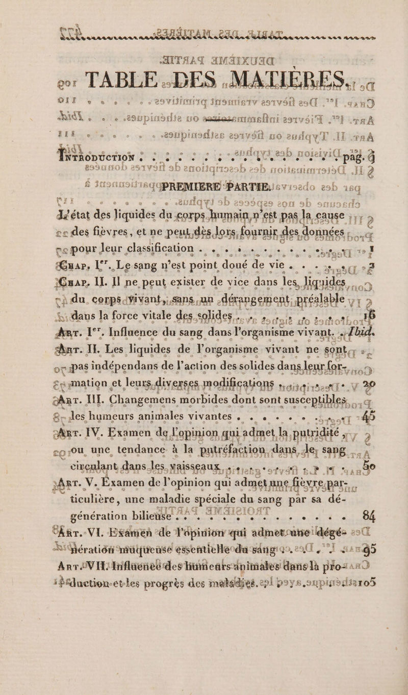 AITAAG AMAIXUAG eor TABLE DES MATIÈRES. DIT ve Ce Te Ov TE ITS TIE Tv 89TV9 291 I de HI, . . eaupiaddie vo ssmessmislni 2stvsi À ©] ra À “ ip &amp; e e 1 e sh LS nr \ 2 2 LE! Frinéenon : P'eUbEe ip IDR esb noieiyiQ 8. à esèasob esrvstt ab enofigriesb -9D re te 19) UE Æ CHER ee 0 » + e9Hpinodies 291v4h no : PONS 11 FE es FUN IS COPREMIERE PARTIR. sv ioedo e2b 18 Us k P. Ress esiqyi 35 2999 29 eONI 3h LEE n£ds L'état des Jiquides du corps humain n'est pas la cause TE 2 ce des fièvres, et ne peus onda es don ESS box E ve pour Jeur classification mio qi Es idnaiés etoott mi Cuap, E” Le sang n’est point doué de “ + HoÿQL 72 cote IL. Il ne peut exister de vice dans les, liquides S 10 à du. corps«yivant,;,sans..un .dérar angement, préalable VI 2. wi. : dans Ja force vitale des. solides …. Ye &amp;daiè do Eorfiolbot der. 1°. Influence du sang dans l organisme viv ant. +1 bid. ur. II. Les Jiquides : de l'organisme vivant ne somtx ». op pas indépendans c de V action des solides dans leur for Etn09 Egr mation et leurs diverses modifications troitdirses(T*.V 2p RAT. LL. Changemens morbides dont sont seed 8vdes, humeurs animales vivantes es ° «tool ” R IV. Examen del l'opinion qui à dat Le putridié À 2 cor0u, une, tendance: à la putréfaction n,dans le, sang 8 cire, ce dans.les, Naisseaux tits otvst 8 MT : Arr. V xamen der opinion qui admer une fièvre, Tu NRC une maladie spéciale du sang par sa dé- L'AAT NCA 216 ST génération bilieuse : . 84 SÂtr.-VL. Examen ‘de Popinion qui admet-ure! ac 25 Hératiôn mütiiense éssentieHendu sdngo eu T 4:595 AnrAVIL Inflacnec des tuners animales dans là po And ihuetion-etles progrès des malsdiei. el bsys.supiasdiaros