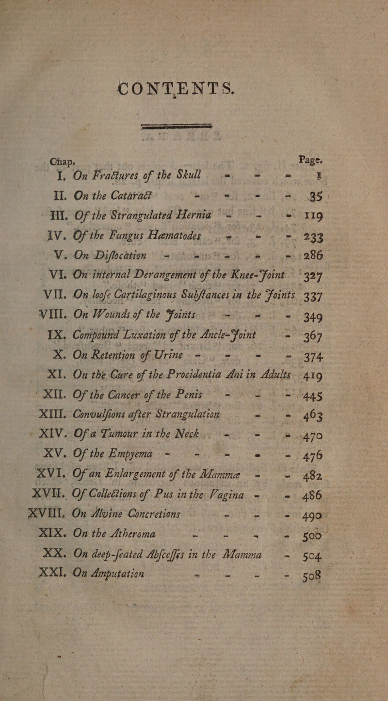 3 . Chap. ng II. iV. I. Of Colleétions of Pus inthe F agina - XVII, On Alvine Concretions me ey eo XIX. On the Atheroma - Se & XX. On deep-feated Abfceffes in the Mamma ~ XXI. On Amputation Pierre ee Nea CONTENTS, On Fradtures of spe Shull Picguate i)! ae iy! On the Catarag bogey Ysa etm ay, Of the Strangulated Hernia =~ ~ - Of an Enlargement of the Mamma = -
