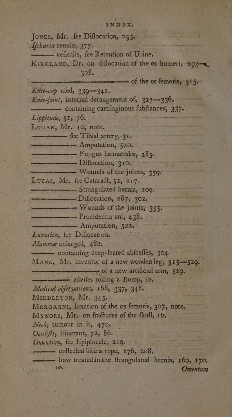 Hey Mr. ie Diflocation, 2.9 5+ Bynes ; AS Uchuria renalis, 377. . a — veficalis, fee Retention of Urine. KIRKLAND, ie on diflocation of the os humeri, 293——. 308. : veer enn - of the os femoris, 315:~ Ktee-cap ufed, 339—341- Seen cL ‘Knee-joint, internal derangement of, 327-336. se containing cartilaginous ects 337. Lippitudo, SI, 76. . slams sini enheeaiapaaead Hoan Mr. 10): note. | ay fee Tibial artery, 31. — Amputation, 520. —————-—. Fungus hzmatodes, 285. ———-———— Diflocation, 3105 - err Ne Fa, — Wounds of the joints, 2 59- LucAs, Mri, fee Cataract, 620 e917. ————__— Strangulated hernia, 209. mE Se ediflocation, 287, 302. eae —= Wounds of the joints; 355. nae Procidentia ani, 438. — Amputation, 522.° ~— 7 ™ Euxation, fee Diflocation. - Mamme enlarged, 482: containing deep-feated abfcefles, 504. Mann, Mr, inventor of a new wooden leg, 51 5—529. of a new artificial arm, (529. ie - advifes rolling ’ a ftump, ib. Medical abjérvations, 168, 3375 348. sie -~Mippteton, Mr. 345. : _ Morcacni, luxation of the os femoris, 307; note. ~ Mynors, Mr. on fractures of the fkull, 10. Neck, tumour in it, 470. Omentum, fee Epiplocele, 219. : collected like a rope, 176, 208. how treatedin.the ftrangulated hernia, 160, 170, fie Omentum -