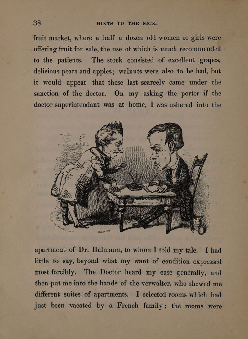 fruit market, where a half a dozen old women or girls were offering fruit for sale, the use of which is much recommended to the patients. The stock consisted of excellent grapes, delicious pears and apples; walnuts were also to be had, but it would appear that these last scarcely came under the sanction of the doctor. On my asking the porter if the doctor superintendant was at home, I was ushered into the —— Ef cS ; (/ ZI AN \\ aa apartment of Dr. Halmann, to whom I told my tale. I had little to say, beyond what my want of condition expressed most forcibly. The Doctor heard my case generally, and then put me into the hands of the verwalter, who shewed me different suites of apartments. I selected rooms which had just been vacated by a French family; the rooms were