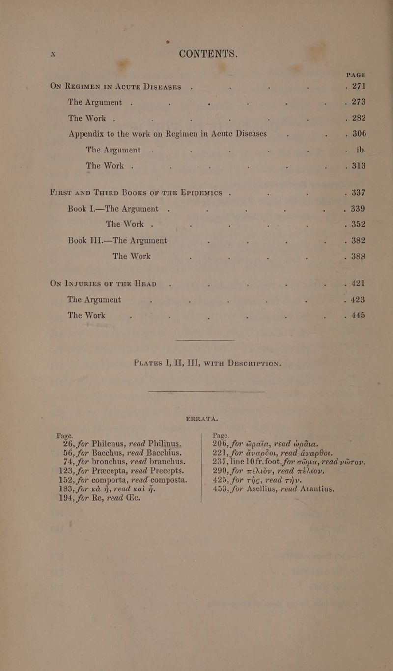 * PAGE On REGIMEN IN Acute DIsEAsES . 271 The Argument . 273 The Work . . 282 Appendix to the work on Regimen in Acute Diseases . 306 The Argument ib. The Work . . 313 First anp Tuirp Books oF THE EPIDEMICS . . 337 Book I.—The Argument 339 The Work . . 352 Book IIIJ.—The Argument . 382 The Work . 388 On InsuRiEs oF THE HEAD ~ 421 The Argument . 423 The Work . 445 PuaTes I, II, UJ, wirn Description. ERRATA. Page. Page. 26, for Philenus, read Philinus, 206, for dpata, read wodia. 56, for Bacchus, read Bacchius. 221, for dvapoo, read avapOot. 74, for bronchus, read branchus. 237, line 10 fr. foot, for cépa, read vitor. 123, for Precepta, read Precepts. 290, for wedudy, read wéALov. 152, for comporta, read composta. 425, for rnc, read rnyv. 183, for ka 7, read kat 7). 453, for Asellius, read Arantius. 194, for Re, read Gc.
