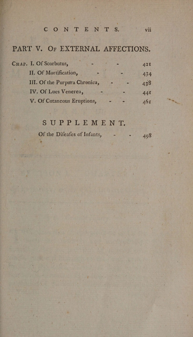 PART V. Or EXTERNAL AFFECTIONS. Cuap. I, Of Scorbutus, > Pai A421 II. Of Mortification, — - 5 - 434 III. Of the Purpura Chronica, - - 438 IV. Of Lues Venerea, i ne 44t VY. Of Cutaneous Eruptions, - ° 468 SUPPLEMENT, Of the Difeafes of Infants, u i ¥ 498