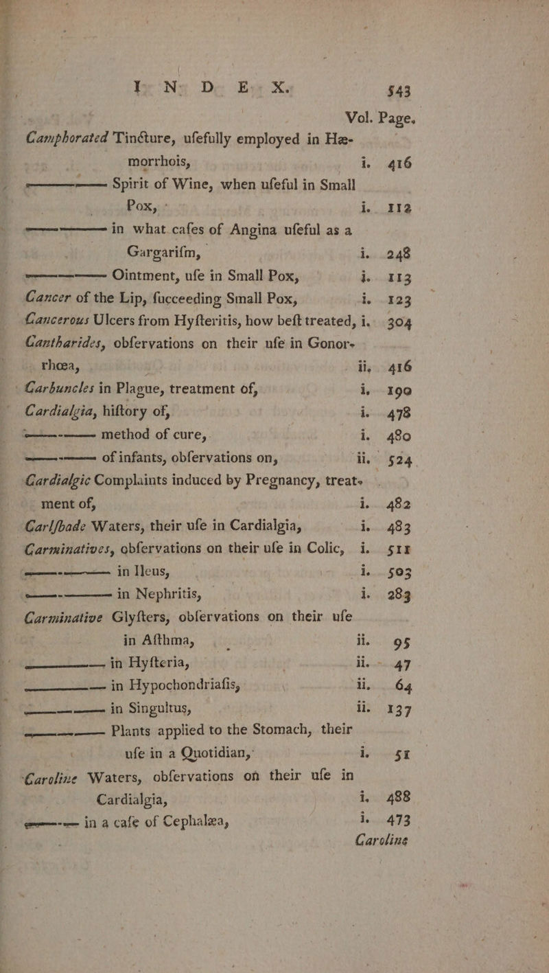 ir 'Ne De Bry X. $43 | Vol. Page. Camphorated 'Tinéture, ufefully employed in Ha- ; morrhois, i, 416 —_—_—— Spirit of Wine, when ufeful in Small Pox, ° i, 112 —_— in what.cafes of Angina ufeful as a Gargarifm, | i. 248 —— Ointment, ufe in Small Pox, i. 113 Cancer of the Lip, fucceeding Small Pox, i. 129 Cancerous Ulcers from Hyfteritis, how beft treated, i. 304 Cantharides, obfervations on their ufe in Gonor- _ rhea, hidck ii, 416 _ Carbuncles in Plague, treatment of, i, 190 Cardialgia, hiftory of, i. 478 —— method of cure, i, 480 -——-——— of infants, obfervations on, ‘ii, 524 Gardialgic Complaints induced by Pregnancy, treat- ment of, i. 482 Garlfbade Waters, their ufe in Cardialgia, i. 483 , Garminatives, obfervations on their ufe in Colic, i. 518 ae in Ileus, iy Pen &lt; Oo in Nephritis, i. 283 Carminative Glyfters, obfervations on their ufe in Afthma, : li, 95 — in Hyfteria, Hersh — in Hypochondriafis, ii, 64 ein Singulrug, lis. 137 ————— Plants applied to the Stomach, their ufe in a Quotidian, hoes 4 Caroline Waters, obfervations on their ufe in Cardialgia, i, 488 geo—-— in a cafe of Cephalza, i, 473