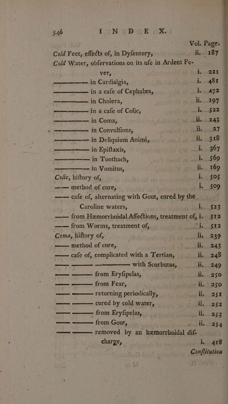 Vol. Pages Cold Feet, effects of, in Dyfentery, ii, 187 Cold Water, obfervations on its ufe in Ardent Fe- ver; . bh 22% Sma in a cafe of Cephalza, | 1. . 472 ———— in Coma, —He.243 — in Convulfions, | Me 27 ———— in Deliquium Animi, ._ di 318 ————-—— in Epiftaxis, 4 Tar ee 367 ————— in Toothach, ‘nf ade OD a — in Vomitus, ii. 169 Colic, hiftory of, 1. 505 —-— method of cure, i, 509 © —— cafe of, alternating with Gout, eured by the Caroline waters, ‘Meg e 2 —— from Hzmorrhoidal Affections, treatment es i, 512 —-— from Worms, treatment of, callie AED Coma, hiftory of, , i, 239 method of cure, | See Pee cle cafe of, oss anise with a Tertian, ii. 248 — eee et with Scorbutus, ii. 249 © —— ——— from Eryfipelas, | li. 250 — wee o——— from Fear, li, 250 —— ——— returning periodically, li. 25% —— ——— cured by cold water, | plan tee G ssamaenes ~ from Eryfipelas, | Lites Th O52 lalate from. Gout, : vonn the. B54 a removed by an hemorrhoidal dif- charge, 1. 418 Conflitution —