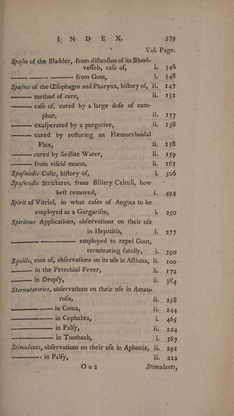 ee Vol. Page. Spm of the Bladder, from diftenfion of its Blood- veffels, cafe of, is 546 Piietital maibieaie, benemetens £POMy Crotit, i. 548 Spafins of the C2fophagus and Pharynx, hiftory of, ii, 147 method of cure, ye ii, 5K ————- cafe of, cured by a large dofe of cam- phor, &gt; ii. 157 ——— exafperated by a purgative, ii, 158 ——-- cured by reftoring an Hzmorrhoidal , Flux, ii. 58 cured by Sedlitz Water, il. 159 from vifcid mucus, ii. 16 Spafmodic Colic, hiftory of, ae eee Spafmodic Striétures, from Biliary Calculi, how beft removed, i, 494 Spirit of Vitriol, in what cafes of Angina to be employed as a Gargarifm, ee a ee Spiritous Applications, obfervations on their ufe ; in Hepatitis, i. 299 ————— ——-—-—-——— employed to repel Gout, terminating fatally, i. 590 Squills, root of, obfervations on its ufe in Afthma, ii. 00 ——_—— in the Petechial Fever, ; ii, 172 in Dropfy, ii, 384 Sternutatories, obfervations on their ufe in Amaue rofis, Np | ae 58 ee ———— In Coma, ii, 244 ——_———_—_—— in Cephalza, yA vabe —— in Palfy, | ii, 224 —_———-—— in Toothach, i. 564 Stimulants, obfervations on their ufe i in Aphonia, ii. 29 o—————- in Palfy, li, 222 ‘