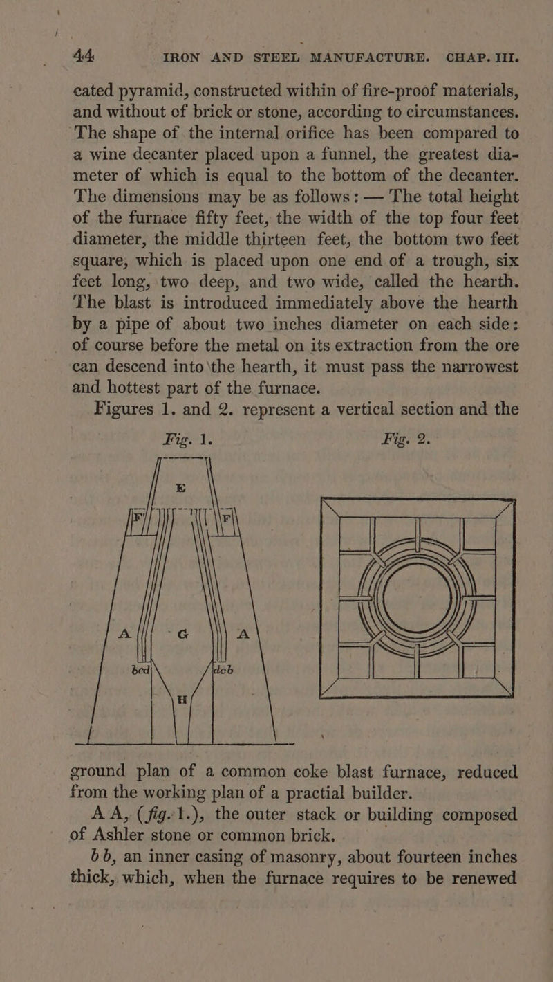 cated pyramid, constructed within of fire-proof materials, and without cf brick or stone, according to circumstances. The shape of the internal orifice has been compared to a wine decanter placed upon a funnel, the greatest dia- meter of which is equal to the bottom of the decanter. The dimensions may be as follows : — The total height of the furnace fifty feet, the width of the top four feet diameter, the middle thirteen feet, the bottom two feet square, which is placed upon one end of a trough, six feet long, two deep, and two wide, called the hearth. The blast is introduced immediately above the hearth by a pipe of about two inches diameter on each side: of course before the metal on its extraction from the ore can descend into \the hearth, it must pass the narrowest and hottest part of the furnace. Figures 1, and 2. represent a vertical section and the ground plan of a common coke blast furnace, reduced from the working plan of a practial builder. A A, (fig. 1.), the outer stack or building composed of Ashler stone or common brick. 3 6b, an inner casing of masonry, about fourteen inches thick, which, when the furnace requires to be renewed