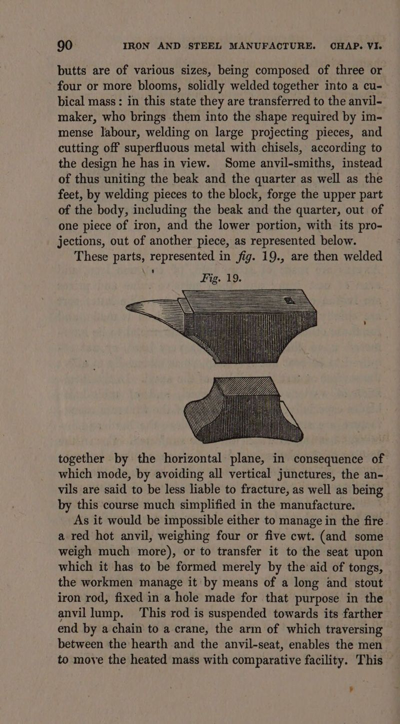 butts are of various sizes, being composed of three or four or more blooms, solidly welded together into a cu- bical mass: in this state they are transferred to the anvil- maker, who brings them into the shape required by im- mense labour, welding on large projecting pieces, and cutting off superfluous metal with chisels, according to the design he has in view. Some anvil-smiths, instead of thus uniting the beak and the quarter as well as the feet, by welding pieces to the block, forge the upper part of the body, including the beak and the quarter, out of one piece of iron, and the lower portion, with its pro- jections, out of another piece, as represented below. These parts, represented in fig. 19., are then welded Ay il nee i) > i —~ : HA together by the Histteontal plane, in consequence of which mode, by avoiding all vertical junctures, the an- vils are said to be less liable to fracture, as well as being by this course much simplified in the manufacture. As it would be impossible either to manage in the fire. a red hot anvil, weighing four or five cwt. (and some weigh much more), or to transfer it to the seat upon which it has to be formed merely by the aid of tongs, the workmen manage it by means of a long and stout iron rod, fixed in a hole made for that purpose in the anvil lump. This rod is suspended towards its farther end by a chain to a crane, the arm of which traversing between the hearth and the anvil-seat, enables the men to move the heated mass with comparative facility. This © Li ’