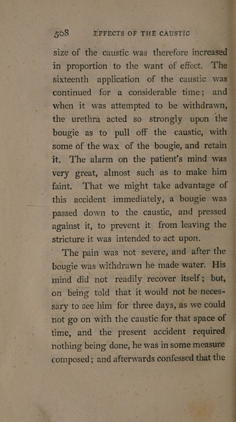 size of the caustic was therefore increased ‘ in proportion to the want of effect. The sixteenth application of the caustic was \ continued for a considerable titne; and ~ when it was attempted to be withdrawn, f the urethra acted so strongly upon the ‘ bougie as to pull off the caustic, with q some of the wax of the bougie, and retain it. The alarm on the patient’s mind was very great, almost such as to make him faint. That we might take advantage of this accident immediately, a bougie was _passed down to the caustic, and pressed against it, to prevent it from leaving the 3 stricture it was intended toact upon. iL Ae pain was not severe, and after the bougie was withdrawn he made water. His 3 mind did not readily recover itself ; but, on being told that it would not be neces- sary to see him for three days, as we could not go on with the caustic for that space of time, and the present accident required nothing being done, he was in some measure composed; and afterwards confessed that the