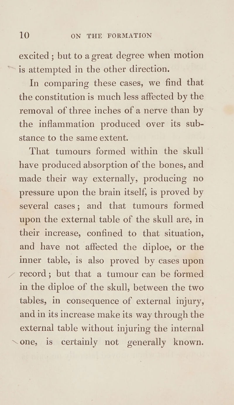 excited ; but to a great degree when motion “is attempted in the other direction. In comparing these cases, we find that the constitution is much less affected by the removal of three inches of a nerve than by the inflammation produced over its sub- stance to the same extent. That tumours formed within the skull have produced absorption of the bones, and made their way externally, producing no pressure upon the brain itself, is proved by several cases; and that tumours formed upon the external table of the skull are, in their increase, confined to that situation, and have not affected the diploe, or the inner table, is also proved by cases upon record; but that a tumour can be formed in the diploe of the skull, between the two tables, in consequence of external injury, and in its increase make its way through the external table without injuring the internal “one, is certainly not generally known.