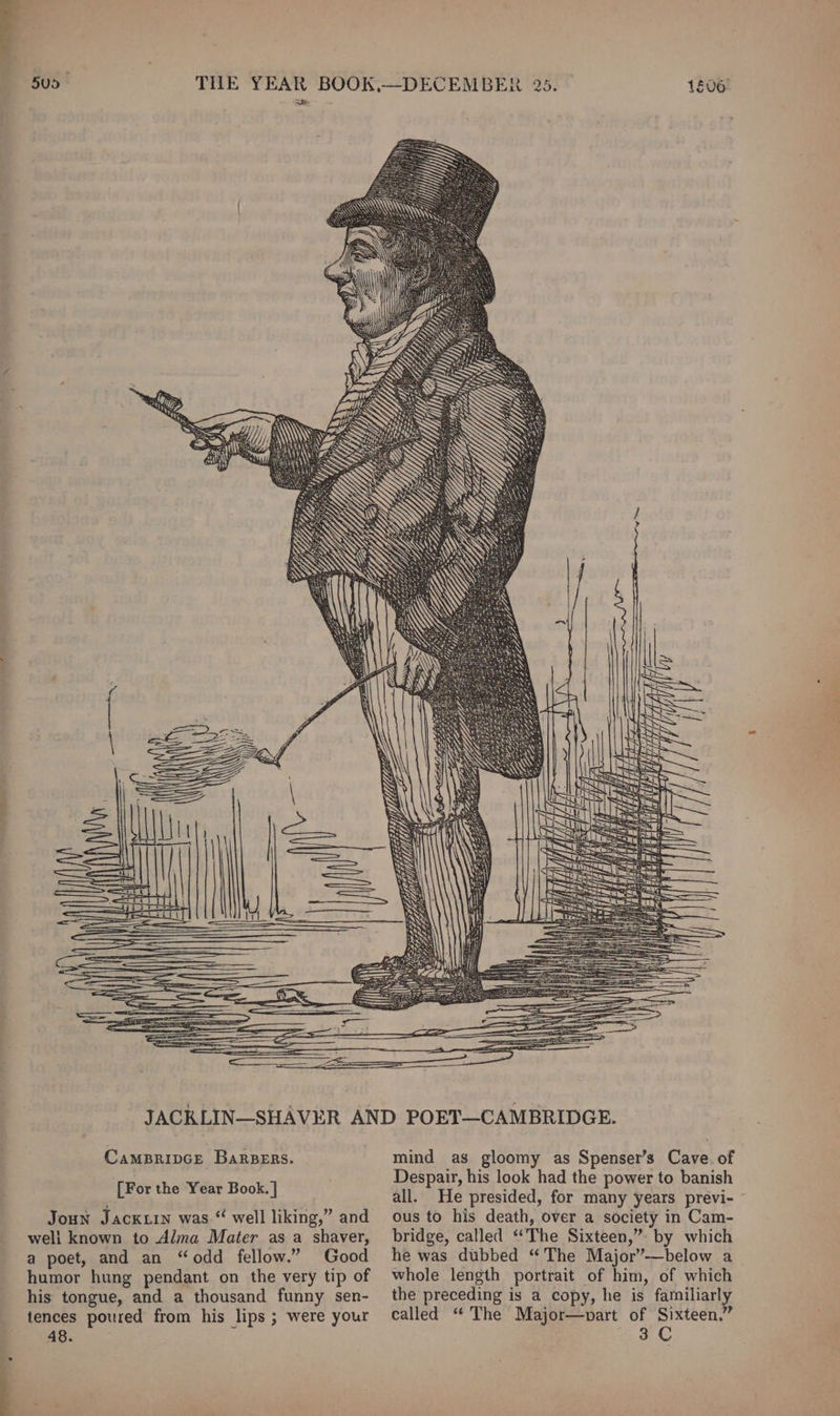 5u._ CampBrivce BaRBERs. [For the Year Book. | weli known to Alma Mater as a shaver, a poet, and an “odd fellow.” Good humor hung pendant on the very tip of his tongue, and a thousand funny sen- tences poured from his lips ; were your 48. mind as gloomy as Spenser’s Cave. of Despair, his look had the power to banish all. He presided, for many years previ-- ous to his death, over a society in Cam- bridge, called “‘The Sixteen,” by which he was dubbed “The Major”’-—below a whole length portrait of him, of which the preceding is a copy, he is familiarl called “ The Major—part of Sixteen. 3C ?