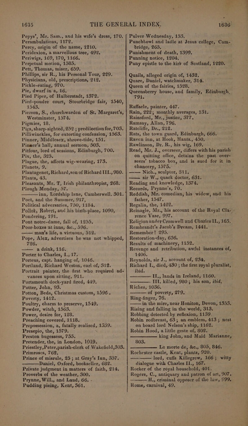 Pepys’, Mr. Sam., and his wife’s dress, 170. Perambulations, 1172. Percy, origin of the name, 1210. Pecridexion, a marvellous tree, 492, Periwigs, 169, 170, 1166. Perpetual motion, 1585. Pett, Thomas, miser, 659. Phillips, sir R., his Personal Teur, 229. Physicians, old, prescriptions, 212, Pickle-eating, 970. Pie, dwarf in a, 16. Pied Piper, of Hulberstadt, 1372. Pied-poudre court, Stourbridge fair, 1540, 1543. Pierson, S., churchwarden of St. Margaret’s, Westminster, 1574, Pigmies, 18. Pigs, sharp-sighted, 252 ; predilection for, 703, Pilliwinckles, for extorting confession, 1563. Pinner, Middlesex, shrove-tide, 151. Pinmer’s hall, annual sermon, 503. Pitfour, lord of sessions, Edinburgh, 700. Pix, the, 325. Plague, the, affects wig-wearing, 173. Planets, 9, Plantagenet, Richard,son of Richard III., 980. Plants, 43. Pleasants, Mr. T, Irish philanthropist, 268. Plough Monday, 57. —jinn, Lordship lane, Camberwell. 301. Poet, and the Summer, 917, Political adversaries, 750, 1184. Pollok, Robert, and his birth-place, 1090, Pondering, 191, Pont notre-dame, fall of, 1255. Poor-boxes at inns, &amp;c., 596. man’s life, a virtuous, 512. Pope, Alex, advertises he was not whipped, 726. a drink, 116. Porter to Charles, I., 17. Porteus, capt. hanging of, 1046. Portland, Richard Weston, earl of, 312. Portrait painter, the first who required ad- vances upon sitting, 911. Portsmouth dock-yard fired, 449. Potter, John, 93. Potton, Beds, Christmas custom, 1596. Poverty, 1412. Poultry, charm to preserve, 1549. Powder, witch, 1563. Power, desire for, 128. Preaching covered, 1118. Prepossession, a, fatally realised, 1339. Presepio, the, 1579. . Preston bugessess, 755. Pretender, the, in London, 1019. Primroses, 762. Prince of misrale, 25; at Gray’s Inn, 357. Daniel, Oufokd, bookseller, 682. Private judgment in matters of faith, 214. Proverbs of the weather, 300. Prynne, Will,, and Laud, 66. - Pudding pieing, Kent, 361. ae Pulver Wednesday, 153. Punchbowl and ladle at Jesus college, Cam- bridge, 265, Punishment of death, 1399. Punning notice, 1204, Puny epistle to the kirk of Scotland, 1220. Quails, alleged origin of, 1432, Quare, Daniel, watchmaker, 314. Queen of the fairies, 1528. Queensberry house, and raiek 2 Edinburgh, 791. Raffaele, painter, 447. Rain, 222; monthly averages, 131, Rainsford, Mr. .» justice, 377, Ramsay, ‘Ait: 796. Ratcliffe, Dr., 212. Rats, the town guard, Edinburgh, 666. Raven inn, at Hook, Hants., 450, Rawlinson, Dr. R., his wigs, 169. Read, Mr. J., overseer, differs with his parish on quitting office, detains the past over- seers’ tobacco box, and is sued aor it in chancery, 1575. —— Nich., sculptor, 311. sir W., quack doctor, 631. Reading and knowledge, 1374. Records, Prynne’s, 70. Reddish, Mr. comedian, his widow, and his father, 1547. Regalia, the, 1422. Reinagle, Mr., his account of the Royal Cla- rence Vase, 997, Religion under Cromwell and Charles II,, 165. Rexoby andt’s Jacob’s Dream, 1441. Remember! 295. Restoration-day, 636. Results of machinery, 1152. Revenge and retribution, awful instances of, 1406. Reynolds, sir J., account of, 234, Richard L., died, 430 ; the first royal pluralist, ibid. ——_—— II., lands in Ireland, 1160, ———- III. killed, 980; his son, ibid, Riches, 1036. ——— of poverty, 279. Ring-finger, 76. in the mire, near Honiton, Devon, 1353. Rising and falling in the world, 313, Robbing detected by reflexion, 1139. Robin redbreast, 63; an emblem, 413 ; nest on board lord Nelson’s ship, 1162. Robin Hood, a little geste of, 802. . king John, and Maid Marianne, 803. Le morte de, &amp;c., 805, 846. Rochester castle, Kent, plants, 920. _ lord, cuffs Killegrew, 166; witty . dialogue with Charles II., 167. Rocker of the royal household, 401, Rogers, C., antiquary and patron of art, 907. H., criminal opposer of the law, 999. - Rome, carnival, 49,