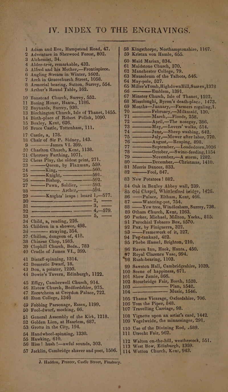 Adam and Eve, Hampstead Road, 47, Adventure in Sherwood Forest, 802. Alchemist, 34. ’ Alder-treé, remarkable, 432. Alfred and his Mother,—Frontispiece, Angling Stream in Winter, 1602. Arch in Gracechurch Street, 1058. Armorial bearing, Sutton, Surrey, 554. Arthur’s Round Table, 162. Banstead Church, Surrey, 552. Basing House, Hants., 1186. Baynards, Surrey, 930. Birchington Church, Isle of Thanet, 1455. Birth-place of Robert Pollok, 1090. Boxley, Kent, 626. Bruce Castle, Tottenham, 111. Castle, a, 178. Chair of Sir P. Sidney, 143. —_———James VI. 399. Charlton Church, Kent, 1138. Chertsey Farthing, 1071. Chess Play, the oldest print, 271. Queen, by Flaxman, 559. King, 560. Knight, ——_—_—_-—59 1. Bishop, ————————592. - Pawn, Soldier, —-— 593. Sears Archer, 504. Knights’ leaps : board 1,—577. a ee ee Children in a shower, 498. —-——- straying, 354. Chillon, dungeon of, 418. Chinese Chop, 1583. Clophill Church, Beds., 783 Cradle of James VI., 399. Distaff-spinning, 1314. Domestic Dwarf, 18. Don, a pointer, 1250. Dowie’s Tavern, Edinburgh, 1122, Effigy, Camberwell Church, 914. Elstow Church, Bedfordshire, 975. Escutcheon at Croydon Palace, 722, Eton College, 1346 Fobbing Parsonage, Essex, 1199. Fool-dwarf, mocking, 66. General Assembly of the Kirk, 1218. Golden Lion, at Haarlem, 687. Grotto in the City, 194. Handwheel-spinning, 1330. Hawking, 610. r Hiss | hush !—awful sounds, 303. Jacklin, Cambridge shaver and poet, 1506. 58 Kingsthorpe, Northamptonshire, 1167. | 59 Kristan von Hamle, 655. 60 Maid Marian, 834. 61 Maidstone Church, 370. 62 Manchester College, 79. 63 Mausoleum of the Talbots, 546. 64 May-pole, 527. 65 Miller’sTomb, HighdownHill,Sussex,1378 66 Emblem, 1391. 67 Minster Church, Isle of Thanet, 1522. 68 Missolonghi, Byron’s death-place, 1473. 69 Months—January,—Farmers regaling,1. 70 —————February,—Milkmaid, 130. 71 ————March,—Floods, 258. 72 ————-April,—The nosegay, 386. 73 —————May,—Lovers’ walks, 514. 74 —————June,—Sheep washing, 642, __ 75 ————July ,—Mower after labor, 770. 76 —————August,—Reaping, 898. 77 —————September,—Loadedcorn, 1026 78: ————— October,—S wine-feeding, 1154 79 —— November,—A storm, 1282. 80 ————_—-December,—Christmas, 1410. 81 Morris Dancer, 833. Fool, 847. 83 New Potatoes ! 882, 84 Oak in Boxley Abbey wall, 239. 85 Oid Chapel, Whittlesford bridge, 1426, 86 Palace, Eltham, Kent, 466, 87 Watering-pot, 754, 88 Yew tree, Windlesham, Surrey, 738. 89 Otham Church, Kent, 1263, 90 Parker, Michael, Malton, Yorks., 815; 91 Parochial Tobacco Box, 1570. 92 Pax, by Finiguerra, 322. Framework of it, 327. 94 Peg-tankard, 482. 95 Phebe Hassel, Brighton, 210, 96 Raven Inn, Hook, Hants., 450. 97 Royal Clarence Vase, 994. “98 Rush-bearing, 1103. 99 Sawston Hall, Cambridgeshire, 1039. 100 Scene of happiness, 671. 101 Show Jamie, 866. 102 Stourbridge Fair, Booth, 1528.. 103 Plan, 1542. 104 — — Music, 1546. 105 Thame Vicarage, Oxfordshire, 706. 106 Tom the Piper, 848 107 Travelling Carriage, 98. 108 Vignette upon an artist’s card, 1442, 109 Vogelweide, the minnesinger, 291. 110 Use of the Divining Rod, 1589. 111 Utrecht Fair, 962. 112 Walton on-the-hill, weathercock, 551. 113 West Bow, Edinburgh, 1359. 114 Wotton Church, Kent, 943.