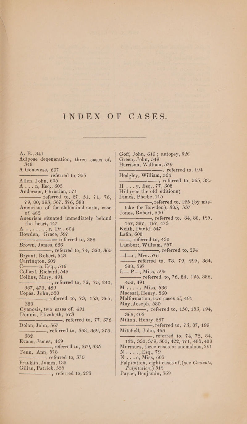 A. B., 341 Adipose degeneration, three cases of, 348 A Genevese, 607 referred to, 355 Allen, John, 605 A...n, Esq., 603 Anderson, Christian, 571 referred to, 27, 51, 71, 76, 79, 80, 293, 367, 376, 388 Aneurism of the abdominal aorta, case of, 462 Aneurism situated immediately behind the heart, 447 a r, Dr., 604 Bowden, Grace, 597 — referred to, 386 Brown, James, 666 ———__—__——, referred to, 74, 320, 365 Bryant, Robert, 543 Carrington, 602 n, Esq., 516 Collard, Richard, 545 Collins, Mary, 491 , referred to, 72, 75, 240, 367, 473, 489 Copas, John, 550 , referred to, 73, 153, 365, 380 Cyanosis, two cases of, 491 Dennis, Elizabeth, 573 , referred to, 77, 376 Dolan, John, 567 , referred to, 368, 369, 376, 382 Evans, James, 469 , referred to, 379, 385 Fenn, Ann, 578 ——__—____, referred to, 370 Franklin, James, 155 Gillan, Patrick, 555 , referred to, 293 Goff, John, 610; autopsy, 626 Green, John, 549 Harrison, William, 579 , referred to, 194 Hedgley, William, 564 —____—__- ——,, referred to, 565, 385 H ...y,; Esq., 77, 308 Hill (see the old editions) James, Phebe, 115 referred to, 125 (by mis- take for Bowden), 3585, 537 Jones, Robert, 590 , referred to, 84, 88, 125, 167, 387, 467, 473 Keith, David, 547 Lafin, 608 , referred to, 430 Lambert, William, 557 , referred to, 294 —I—n, Mrs. 576 referred to, 78, 79, 293, 364, 388, 397 L— P—, Miss, 595 — referred to, 76, 84, 125, 386, 432, 491 Mois. «. Mise; 536 Macearl, Henry, 560 Malformation, two cases of, 491 May, Joseph, 580 ——,, referred to, 150, 153, 194, 366, 403 Milton, Henry, 587 , referred to, 73, 87, 199 Mitchell, John, 466 , referred to, 74, 75, 84, 125, 330, 379, 385, 422,471, 485, 488 Murmurs, three cases of anomalous, 391 ING seis enhis 79 N ...e, Miss, 605 Palpitation, eight cases of, (see Contents, Palpitation,) 512 Payne, Benjamin, 569