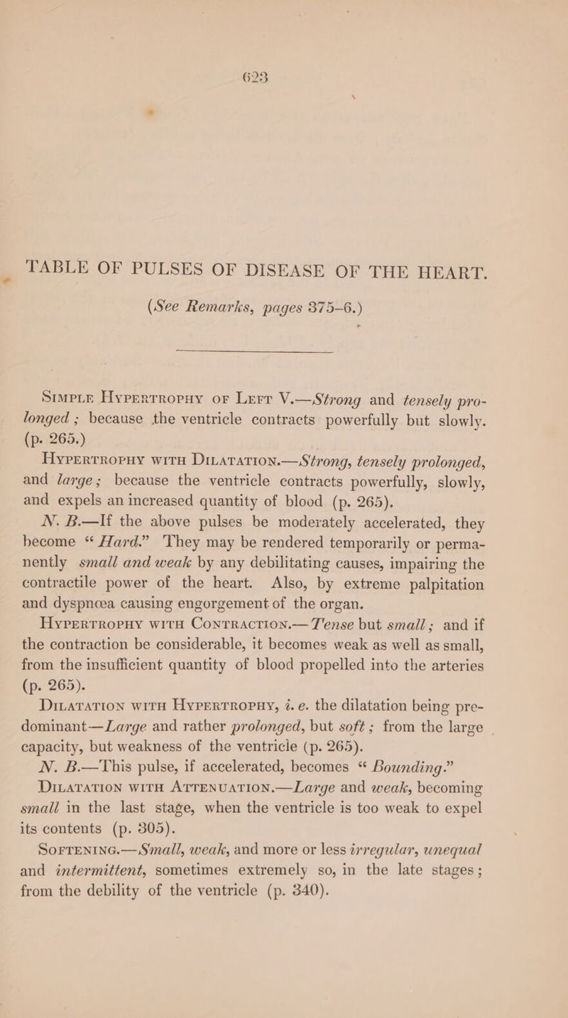 TABLE OF PULSES OF DISEASE OF THE HEART. (See Remarks, pages 375-6.) SimpLe Hyprrrropuy or Lerr V.—Strong and tensely pro- longed ; because the ventricle contracts powerfully but slowly. (p. 265.) | Hyrertropuy witn Dinatration.—Strong, tensely prolonged, and large; because the ventricle contracts powerfully, slowly, and expels an increased quantity of blood (p. 265). N. B.—If the above pulses be moderately accelerated, they become “ Hard.” ‘They may be rendered temporarily or perma- nently small and weak by any debilitating causes, impairing the contractile power of the heart. Also, by extreme palpitation and dyspnoea causing engorgement of the organ. Hyrerrropuy with Con traction.— Tense but small; and if the contraction be considerable, it becomes weak as well as small, from the insufficient quantity of blood propelled into the arteries (p. 265). Diwatation with Hyperrropny, i.e. the dilatation being pre- dominant— Large and rather prolonged, but soft; from the large | capacity, but weakness of the ventricle (p. 265). N. B.—This pulse, if accelerated, becomes “ Bounding.” DILATATION WITH ATTENUATION.—Large and weak, becoming small in the last stage, when the ventricle is too weak to expel its contents (p. 305). Sorrentne.— Small, weak, and more or less irregular, unequal and intermittent, sometimes extremely so, in the late stages ; from the debility of the ventricle (p. 340).