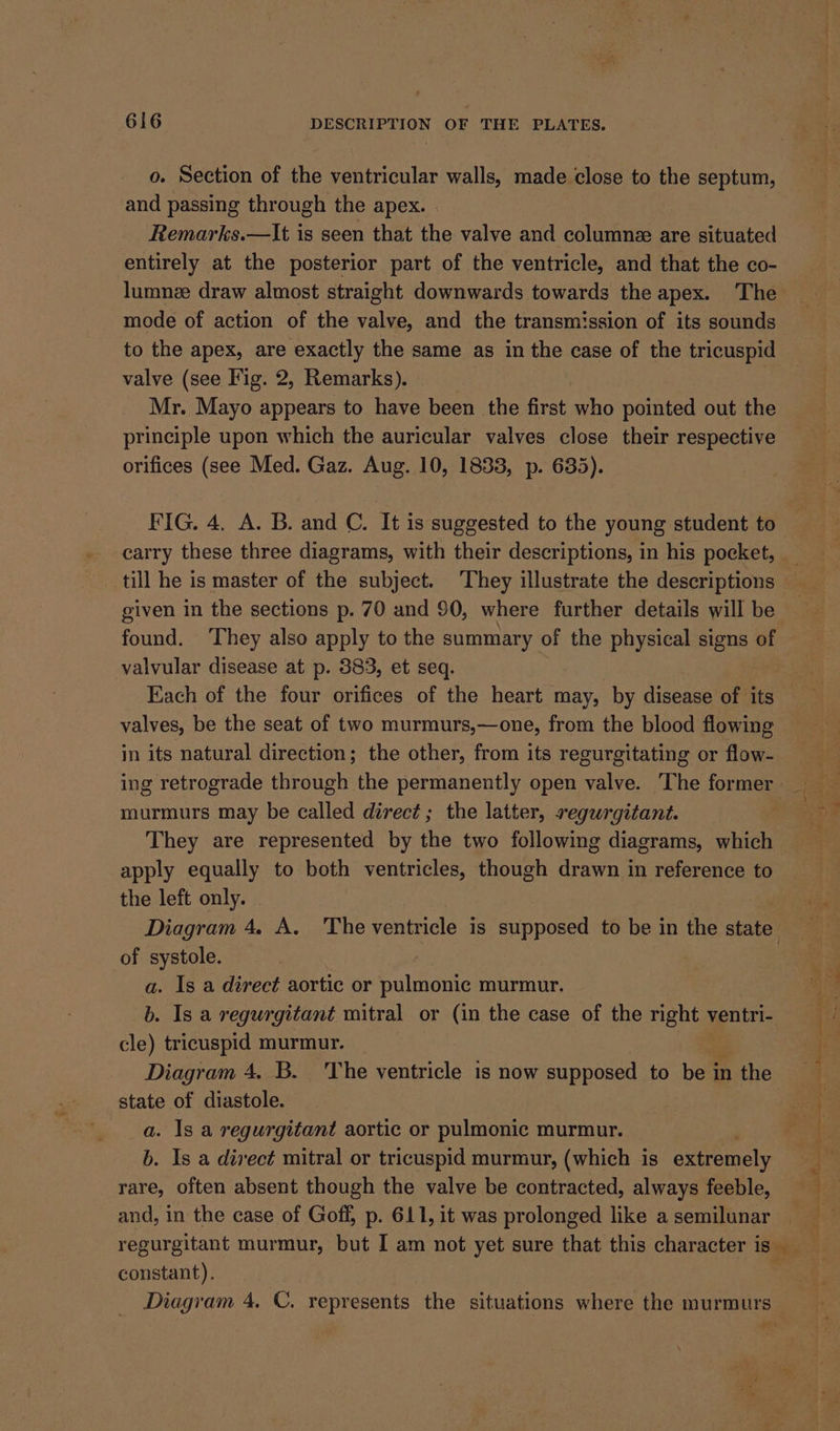 o. Section of the ventricular walls, made close to the septum, and passing through the apex. | Remarks.—It is seen that the valve and columne are situated entirely at the posterior part of the ventricle, and that the co- lumnze draw almost straight downwards towards the apex. The mode of action of the valve, and the transmission of its sounds to the apex, are exactly the same as in the case of the tricuspid valve (see Fig. 2, Remarks). | Mr. Mayo appears to have been the first who pointed out the principle upon which the auricular valves close their respective orifices (see Med. Gaz. Aug. 10, 1833, p. 635). FIG. 4. A. B. and C. It is suggested to the young student to carry these three diagrams, with their descriptions, in his pocket, till he is master of the subject. They illustrate the descriptions given in the sections p. 70 and $0, where further details will be found. ‘They also apply to the summary of the physical signs of valvular disease at p. 883, et seq. Each of the four orifices of the heart may, by disease of its valves, be the seat of two murmurs,—one, from the blood flowing in its natural direction; the other, from its regurgitating or flow- murmurs may be called direct; the latter, regurgitant. They are represented by the two following diagrams, which apply equally to both ventricles, though drawn in reference to the left only. of systole. a. Is a direct aortic or pulmonic murmur. b. Is a regurgitant mitral or (in the case of the right ventri- cle) tricuspid murmur. Diagram 4. B. The ventricle is now supposed to be in B the state of diastole. a. Is a regurgitant aortic or pulmonic murmur. b. Is a direct mitral or tricuspid murmur, (which is extremely rare, often absent though the valve be contracted, always feeble, and, in the case of Goff, p. 611, it was prolonged like a semilunar constant). Diagram 4, C. represents the situations where the murmurs