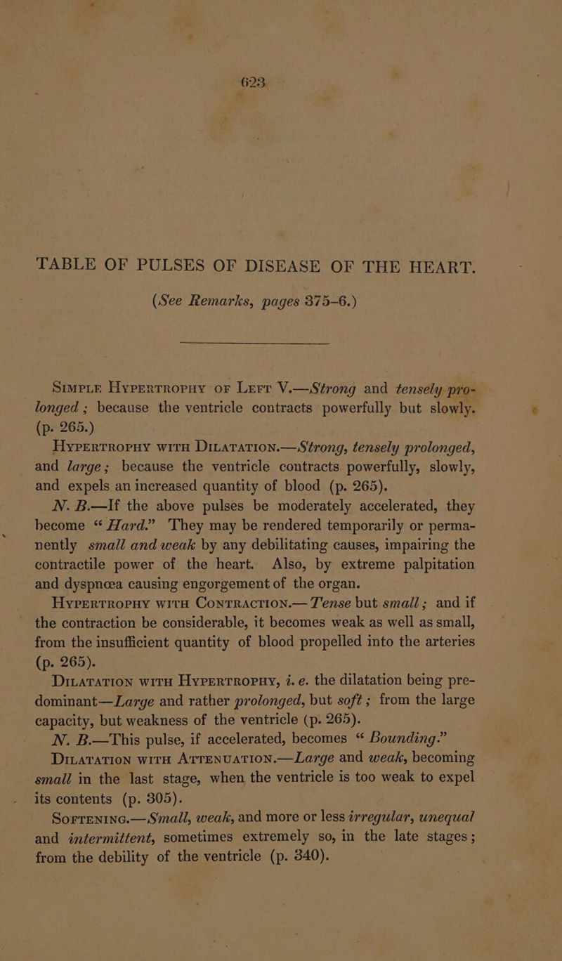 TABLE OF PULSES OF DISEASE OF THE HEART. (See Remarks, pages 375-6.) SimpLE Hypertropay oF Lerr V. — Strong aa tensely, pro- longed ; because the ventricle contracts powerfully but slowly. : (p. 265.) Hyprertropnuy witn Ditaration.—Strong, tensely prolonged, and large; because the ventricle contracts powerfully, slowly, and expels an increased quantity of blood (p. 265). NN. B.—If the above pulses be moderately accelerated, they become ‘ Hard.” ‘They may be rendered temporarily or perma- nently small and weak by any debilitating causes, impairing the contractile power of the heart. Also, by extreme palpitation and dyspnoea causing engorgement of the organ. HyrertTropuy with ContraAcrion.— Tense but small; and if ' the contraction be considerable, it becomes weak as well as small, from the insufficient quantity of blood propelled into the arteries (p. 265). DitaTATION with HypertTropny, i.e. the dilatation being pre- dominant—Large and rather prolonged, but soft; from the large capacity, but weakness of the ventricle (p. 265). N. B.—This pulse, if accelerated, becomes “ Bounding.” Divatation with ATTENUATION.—Large and weak, becoming small in the last stage, when the ventricle is too weak to expel its contents (p. 305). Sorrenina.— Small, weak, and more or less irregular, unequal and intermittent, sometimes extremely so, in the late stages; from the debility of the ventricle (p. 340).