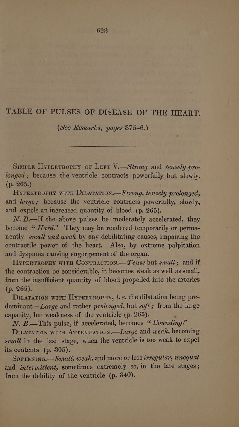 TABLE OF PULSES OF DISEASE OF THE HEART. (See Remarks, pages 375-6.) Simptr Hyperrropuy or Lerr V.—Strong and tensely pro- longed ; because the ventricle contracts powerfully but slowly. (p. 265.) Hypertropuy wity Ditatation.—Strong, tensely prolonged, and large; because the ventricle contracts powerfully, slowly, and expels an increased quantity of blood .(p. 265). NN. B.—If the above pulses be moderately accelerated, they become “ Hard.” ‘They may be rendered temporarily or perma- nently small and weak by any debilitating causes, impairing the contractile power of the heart. Also, by extreme palpitation and dyspnoea causing engorgement of the organ. HyrertTropHy witH Conrractrion.— Tense but small; and if the contraction be considerable, it becomes weak as well as small, from the insufficient quantity of blood propelled into the arteries (p. 265). | DitaTation with Hyrertropny, i.e. the dilatation being pre- dominant—Large and rather prolonged, but soft ; from the large capacity, but weakness of the ventricle (p. 265). N. B.—This pulse, if accelerated, becomes “ Bounding.” DiaTaTION witH ATTENUATION.—Large and weak, becoming small in the last stage, when the ventricle is too weak to expel its contents (p. 305). Sorrenine.— Small, weak, and more or less irregular, unequal and intermittent, sometimes extremely so, in the late stages ; from the debility of the ventricle (p. 340).