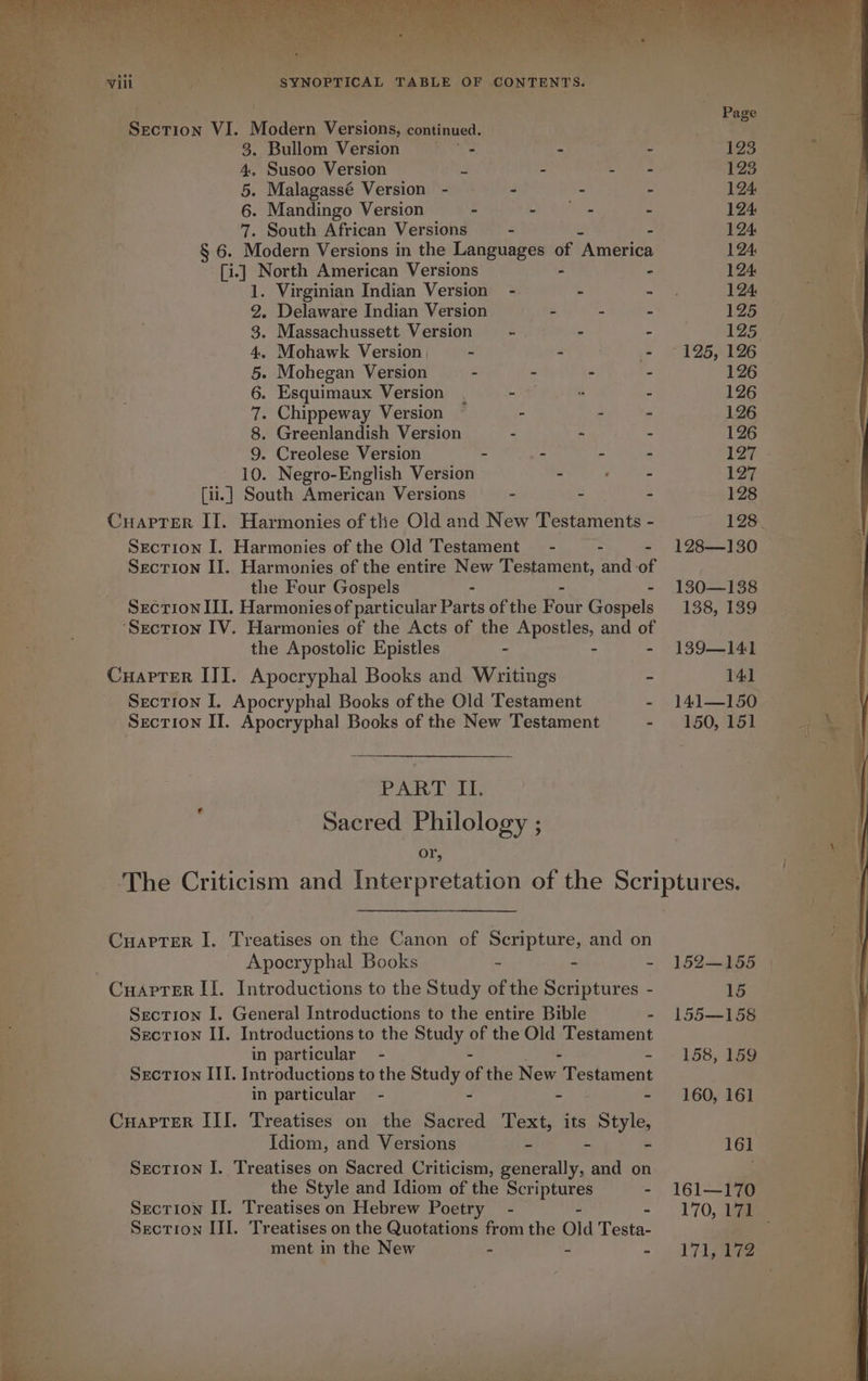 Saw eee eee eee el as heel lial dt os mt Se are ma Pati “ae -f { 3. Bullom Version ie Ws rs 6. Mandingo Version - = ae 4 . Massachussett Version - . - 4 . Mohawk Version | - Sd ee = - Mohegan Version . - - E . Esquimaux Version . ei : - . Chippeway Version — - - - . Greenlandish Version - - = - Creolese Version - - - - 10. Negro-English Version - | Yee CuaptTer IT. Harmonies of the Old and New Testaments - Section I. Harmonies of the Old Testament — - - - Secrion II. Harmonies of the entire New Testament, and -of the Four Gospels - - - Section III. Harmonies of particular Parts of the Four Gospels ‘Section IV. Harmonies of the Acts of the SP ORUES, and of the Apostolic Epistles - - OO IDA S oo Section I. Apocryphal Books of the Old Testament - Secrion II. Apocryphal Books of the New Testament - PART II. Sacred Philology ; or, 123 123 124 125 126 126 126 126 127 128. 128—130 130—138 138, 139 141 150, 151 Cuaprter I. Treatises on the Canon of Bemptuty and on _ Apocryphal Books - - = ~ CHAPTER II. Introductions to the Study of the Scriptures - 5 Section I. General Introductions to the entire Bible - Secrion II. Introductions to the Study of the Old Testament in particular - - Section III. Introductions to the Study af the Ney Testament in particular - - - - Cuaprer III. Treatises on the Sacred Text, its Style, Idiom, and Versions . : s Section I. Treatises on Sacred Criticism, generally, and on the Style and Idiom of the pais: - Section II. Treatises on Hebrew Poetry - - Section III. Treatises on the Quotations from the Old Testa- ment in the New - “ : 152-155 | 15 155—-158 158, 159 160, 161 161 161—170 170, 171