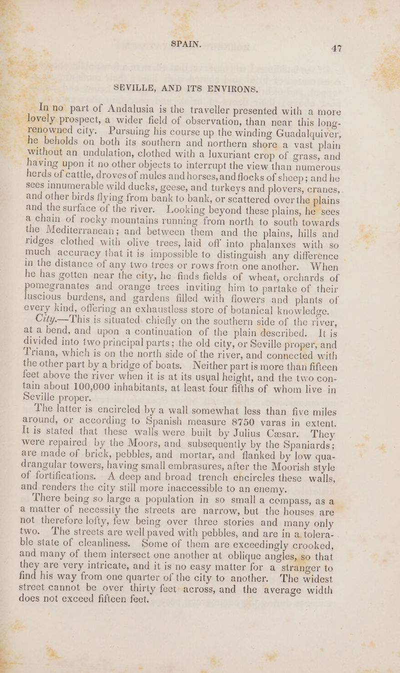 SEVILLE, AND ITS ENVIRONS, * af ¥ ~ renowned city. Pursuing his course up the winding Guadalquiver, ‘he beholds on both its southern and northern shore a vast plain without an undulation, clothed with a luxuriant crop of grass, and having upon it no other objects to interrupt the view than numerous herds of cattle, drovesof mules and horses, and flocks of sheep; and he sees innumerable wild ducks, geese, and turkeys and plovers, cranes, and other birds flying from bank to bank, or scattered over the plains and the surface of the river. Looking beyond these plains, he sees a chain of rocky mountains running from north to south towards the Mediterranean; and between them and the plains, hills and ridges clothed with olive trees, laid off into phalanxes with so much accuracy that it is impossible to distinguish any difference _ in the distance of any two trees or rows from one another. When he has gotten near the city, he finds fields of wheat, orchards of pomegranates and orange trees inviting him to partake of their luscious burdens, and gardens filled with flowers and plants of every kind, offering an exhaustless store of botanical knowledge. City.—This is situated. chiefly on the southern side of the viver, at a bend, and upon a continuation of the plain described. It is divided into two principal parts; the old city, or Seville proper, and Triana, which is on the north side of the river, and connected with the other part by a bridge of boats. Neither partis more than fifteen feet above the river when it is at its usual height, and the two con- tain about 100,000 inhabitants, at least four fifths of whom live in Seville proper. | | The latter is encircled by a wall somewhat less than five miles around, or according to Spanish measure 8750 varas in extent. It is stated that these walls were built by Julius Cesar. They were repaired by the Moors, and subsequently by the Spaniards; are made of brick, pebbles, and mortar, and flanked by low qua- drangular towers, having small embrasures, after the Moorish style of fortifications. A deep and broad trench encircles these walls, and renders the city still more inaccessible to an enemy. There being so large a population in so small a compass, as a a matter of necessity the streets are narrow, but the houses are not therefore lofty, few being over three stories and many only two. ‘The streets are well paved with pebbles, and are in a tolera-. ble state of cleanliness. Some of them are exceedingly crooked, and many of them intersect one another at oblique angles, so that they are very intricate, and it is no easy matter for a stranger to find his way from one quarter of the city to another. The widest street cannot be over thirty feet across, and the average width does not exceed fifteen feet.