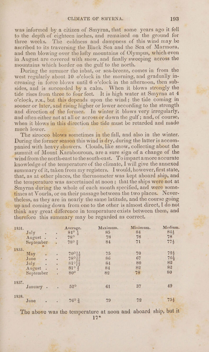 was informed by a citizen of Smyrna, that some years ago it fell to the depth of eighteen inches, and remained on the ground for three weeks. The coldness and dampness of this wind may be ascribed to its traversing the Black Sea and the Sea of Marmora, and then blowing over the lofty mountains of Olympus, which even in August are covered with snow, and finally sweeping across the mountains which border on the gulf to the north. | During the summer the inbat, or sea-breeze, comes in from the west regularly about.10 o’clock in the morning, and gradually in- creasing in force blows until 6 o’clock in the afternoon, then sub- sides, and is succeeded by a calm. When it blows strongly the tide rises from three to four feet. It is high water at Smyrna at 4 o’clock, p.m., but this depends upon the wind; the tide coming in sooner or later, and rising higher or lower according to the strength and direction of the former. In winter it blows very irregularly, and often either not at all or across or down the gulf; and, of course, when it blows in this direction the tide must be retarded and made much lower. | “S73 | The sirocco blows sometimes in the fall, and also in the winter. During the former season this wind is dry, during the latter is accom- panied with heavy showers. Clouds, like snow, collecting about the summit of Mount Karabouroun, are a sure sign of a change of the wind from the north-east to the south-east. Toimpart amore accurate knowledge of the temperature of the climate, I will give the annexed. summary of it, taken from my registers. I would, however, first state, that, as at other places, the thermometer was kept aboard ship, and the temperature was ascertained at noon; that the ships were not at Smyrna during the whole of each month specified, and were some- ‘times at Vourla, or on their passage between the two places. Never- theless, as they are in nearly the same latitude, and the course going up and coming down from one to the other is almost direct, | do not think any great difference in temperature exists between them, and therefore this summary may be regarded as correct, eee ans 1831. Average, Maximum, . Minimum. Medium. Jul ° : 84° I 85 84 84 Rapes : : eae : 78 78 o September, 78° 2 84 71 774 F & 1833. May : . 70°14 75 70 723 OR: SR gee eter foe So eet 84 ga 82 September. 80° 82 78 See 1837. January . : 52° 61 37 49 1838. June ; ; 76° 3 79 72 753 The above was the temperature at noon and aboard ship, but it~ ba