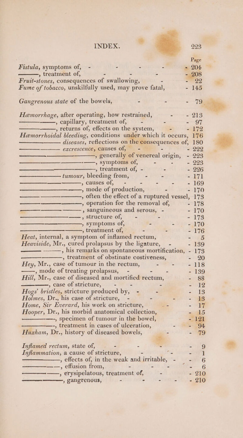 INDEX. 223 Page Fistula, symptoms of, - - : “ ~ 204 , treatment of, - = E te 208 Fruit-stones, consequences of swallowing, &lt; - 9292 Fume of tobacco, unskilfully used, may prove fatal, - 145 Gangrenous state of the bowels, - = = 7a Hemorrhage, after operating, how restrained, - - 213 —— , capillary, treatment of, : ws = QT. ae , returns of, effects on the system, 5 =hgu7z9 Hemorrhoidal bleeding, conditions under which it occurs, 176 diseases, reflections on the consequences of, 180 excrescence, causes of, = - e - 299 —_______-_—_——_,, generally of venereal origin, - 223 —_—____.___—_--—__,, symptoms of, - 2 - 293 shesteataes , treatment of, - - - 296 tumour, bleeding from, - : ee a —_———. , causes of, - - 5 - 169 ——, mode of production, - - 170 Ss ea eee , often the effect of a ruptured vessel, 173 —_—__—__——— , operation for the removal of, - 178 — eee , Sanguineous and serous, - - 170 ——., structure of, - : «9S ———_—_—_——, symptoms of, - 3 22570 ee , treatment of, - : - 176 Heat, internal, a symptom of inflamed rectum, RS Heaviside, Mr., cured prolapsus by the ligature, - - 139 -—_——, his remarks on spontaneous mortification, - 173 , treatment of obstinate costiveness, - 20 Hey, Mr., case of tumour in the rectum, x . LcpEe , mode of treating prolapsus, - - é - 139 Hill, Mr., case of diseased and mortified rectum, Suge , case of stricture, - = “4 ey 2 Hogs’ bristles, stricture produced by, - E seas Holmes, Dr., his case of stricture, - 2 2 ~ 2 Home, Sir Everard, his work on stricture, = - =F Hooper, Dr., his morbid anatomical collection, ~ ah5 —-, specimen of tumour in the bowel, - 121 —_—__—-—-, treatment in cases of ulceration, - ere Huxham, Dr., history of diseased bowels, ‘ = - 79 Inflamed rectum, state of, . - “ c Lae Inflammation, a cause of stricture, - -. aes , effects of, in the weak and irritable, - 6 ——_—_-—.—, effusion from, = 3 = wo 6 ——, erysipelatous, treatment of, - 29710