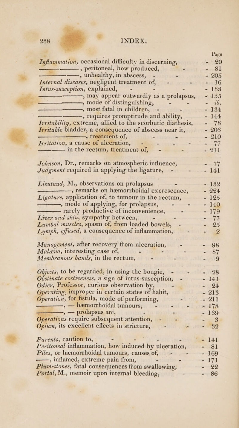 Inflammation, occasional difficulty in discerning, , peritoneal, how produced, - —_—_—__—.——-, unhealthy, in abscess, - - Internal diseases, negligent treatment of, — - - Intus-susception, explained, - : “ , may appear outwardly as a prolapsus, , mode of distinguishing, - - , most fatal in children, - - ft anata , requires promptitude and ability, Irritability, extreme, allied to the scorbutic diathesis, Irritable bladder, a consequence of abscess near it, yh —, treatment of, - - Irritation, a cause of ulceration, - - “ - in the rectum, treatment of, - - - Johnson, Dr., remarks on atmospheric influence, Judgment required in applying the ligature, - - Lieutaud, M., observations on prolapsus - —, remarks on hemorrhoidal excrescence, Ligature, application of, to tumour in the rectum, ————., mode of applying, for prolapsus, - - rarely productive of inconvenience, “ Liver and skin, sympathy between, S eoree Lumbal muscles, spasm of, from loaded bowels, - Lymph, effused, a consequence of inflammation, = Management, after recovery from ulceration, - Malena, interesting case of, : : : Membranous bands, in the rectum, : “ Objects, to be regarded, in using the bougie, - 4 Obstinate costiveness, a sign of intus-susception, - Odier, Professor, curious observation by, : Operating, improper in certain states of habit, Operation, for fistula, mode of performing, - , —— hemorrhoidal tumours, - - - —————, — prolapsus ani, - - Operations require subsequent attention, - ‘ Opium, its excellent effects in stricture, : a Parents, caution to, - ae eS : Peritoneal inflammation, how induced by ulceration, Piles, or hemorrhoidal tumours, causes of, . &gt;- &lt; , inflamed, extreme pain from, - - Plum-stones, fatal consequences from swallowing, Portal, M., memoir upon internal bleeding, -