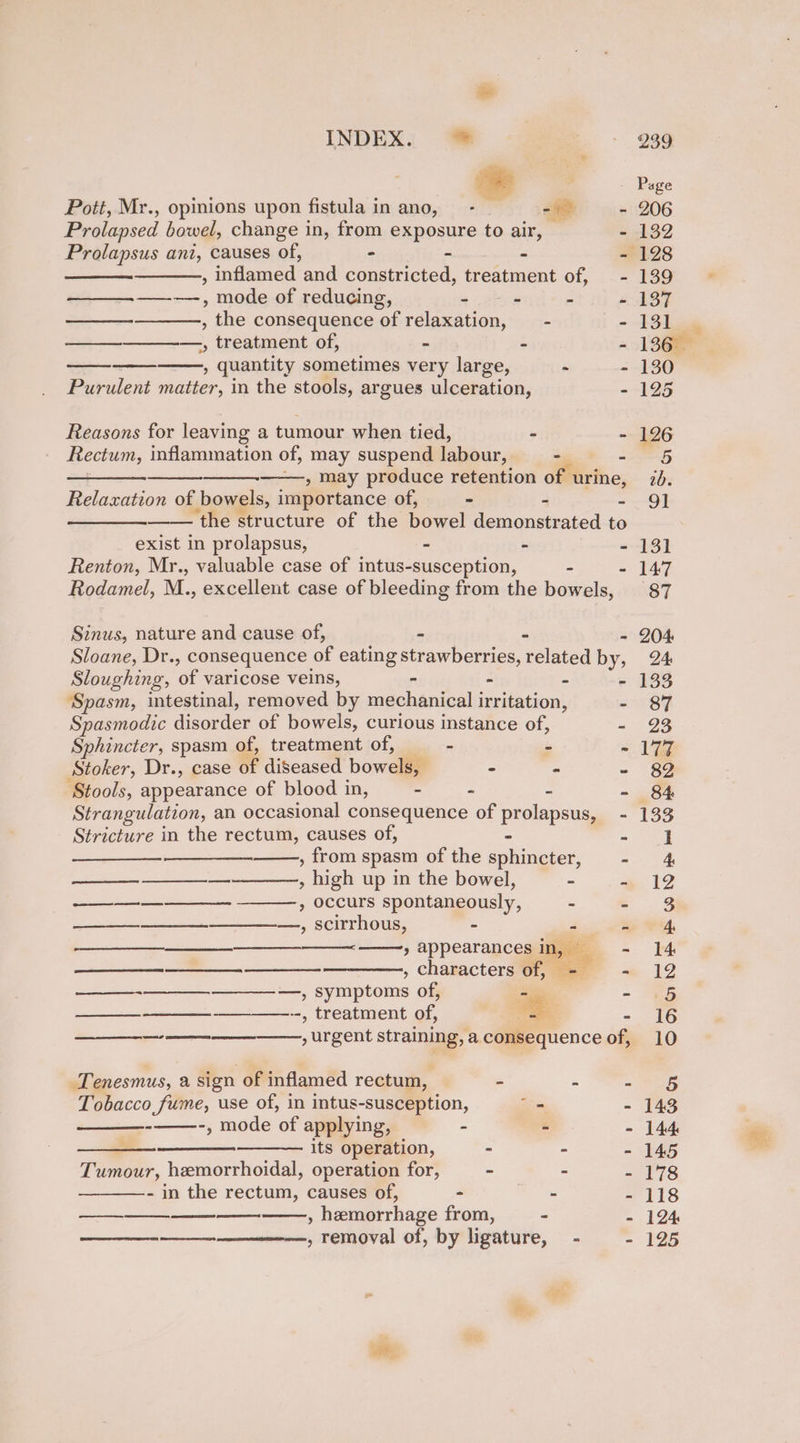 ty INDEX. © Pott, Mr., opinions upon fistula in ano, - - 5 Prolapsed bowel, change in, from exposure to air, | - Prolapsus ani, causes of, - “ - 2 , inflamed and constricted, treatment of, — - ——-—, mode of reducing, - - - - , the consequence of relaxation, —- - ——_____—_—., treatment of, - - , quantity sometimes very large, - - Purulent matter, in the stools, argues ulceration, - ESD Reasons for leaving a tumour when tied, - - Rectum, inflammation of, may suspend labour, - - Pes » may produce retention of urine, Relaxation of bowels, importance of, - - —— the structure of the bowel demonstrated to exist in prolapsus, - - a Renton, Mr., valuable case of intus-susception, a 2 Rodamel, M., excellent case of bleeding from the bowels, Sinus, nature and cause of, : 3  Sloane, Dr., consequence of eating strawberries, related by, Sloughing, of varicose veins, - 2 a ‘Spasm, intestinal, removed by mechanical irritation, Spasmodic disorder of bowels, curious instance of, Sphincter, spasm of, treatment of, i “ Stoker, Dr., case of diseased bowels, = ° : ‘Stools, appearance of blood in, = zi = e Stricture in the rectum, causes of, - - pense aneiey meen eae , from spasm of the sphincter, _ - , high up in the bowel, - - » occurs spontaneously, - - —————_—————_—___—_—, scirrhous, - 2 » appearances in, _——————_- — —_—___ ———, characters of, -_ ——_-___________—,, symptoms of, see - ———_—__—_—_ —____——., treatment of, a - ——_—_—__—_—-, urgent straining, a consequence of, ae RS es SED Tenesmus, a sign of inflamed rectum, - - - Tobacco fume, use of, in intus-susception, _ -, mode of applying, - - = —— its operation, - - - Tumour, hemorrhoidal, operation for, - - - in the rectum, causes of, - re ——_——_—_-—_———-—_, hemorrhage from, - : ae : , removal of, by ligature, - .