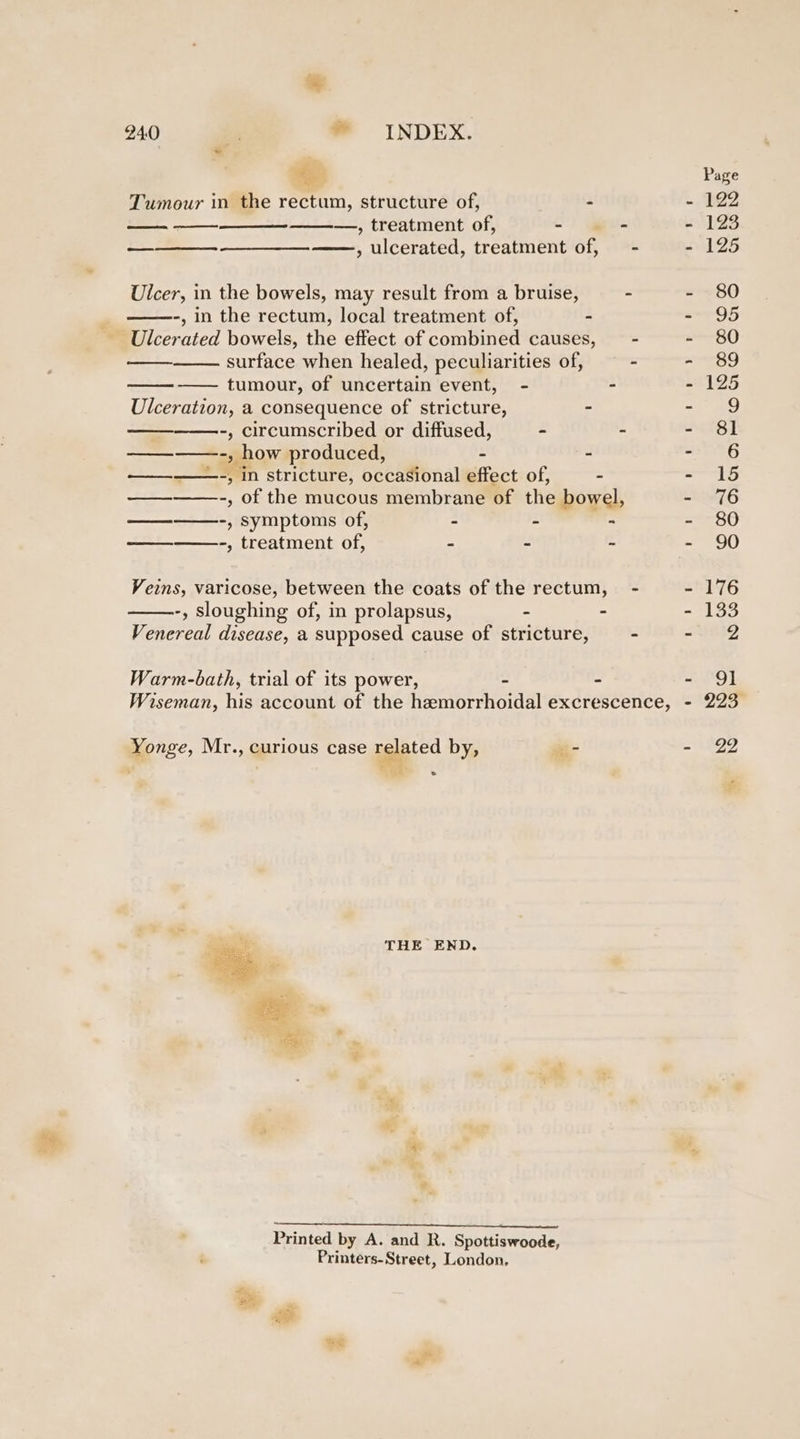 my 240 ms * INDEX. ce Tumour in the rectum, structure of, - —, treatment of, cy Gat = _________ ulcerated, treatment/of, 1 Ulcer, in the bowels, may result from a bruise, - -, in the rectum, local treatment of, “ Ulcerated bowels, the effect of combined causes, = - surface when healed, peculiarities of, - tumour, of uncertain event, - - Ulceration, a consequence of stricture, - -, circumscribed or diffused, - - ——-——-, how produced, - - ——_-———-, in stricture, occasional effect of, - -, of the mucous membrane of the bowel, -, Symptoms of, - - - ————_-, treatment of, - - - Veins, varicose, between the coats of the rectum, -, Sloughing of, in prolapsus, - - Venereal disease, a supposed cause of stricture, —- Warm-bath, trial of its power, ay - Yonge, Mr., curious case related by, _- THE END. mae SE SE SED, pees Printed by A. and R. Spottiswoode, Printers-Street, London,