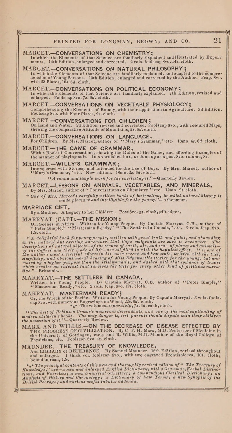 ——S— an 38 PRINTED FOR LONGMAN, BROWN, AND CO. 21 MARCET.—CONVERSATIONS ON CHEMISTRY; In which the Elements of that Science are familiarly Explained and Illustrated by Experi- ments. 14th Edition, enlarged and corrected. 2 vols. foolscap 8vo. 14s. cloth. MARCET.—CONVERSATIONS ON NATURAL PHILOSOPHY 5 e In which the Elements of that Sciecne are familiarly explained, and adapted to the compre- hension of Young Persons. 10th Edition, enlarged and corrected by the Author. Fcap. 8vo. with 23 Plates, 10s. 6d. cloth. MARCET.—CONVERSATIONS ON POLITICAL ECONOMY35 | : In which the Elements of that Science are familiarly explained. 7th dition, revised and enlarged. Foolscap 8yo. 7s. 6d. cloth. MARCET.—CONVERSATIONS ON VECETABLE PHYSIOLOCY 5 Comprehending the Elements of Botany, with their application to Agriculture. 3d Edition. Foolscap 8vo. with Four Plates, 9s. cloth. MARCET.—CONVERSATIONS FOR CHILDREN 5 On Land and Water. 2d Edition revised and corrected. fooksene 8¥0., with coloured Maps, shewing the comparative Altitude of Mountains, 5s. 6d.cloth. MARCET.—CONVERSATIONS ON LANCUACE, For Children. By Mrs. Marcet, author of **Mary’sGrammar,”’etc- 18mo. 48.6d. cloth. MARCET—THE CAME OF GRAMMAR, With a Book of Conversations, shewing the Rules of the Game, and affording Examples of the manner of playing atit. Ina varnished box, or done up as a post 8vo. volume, 8s. MARCET.—WILLY’S GRAMMAR ; Interspersed with Stories, and intended for the Use of Boys. By Mrs. Marcet, author of ‘*Mary’s Grammar,’’ etc. New edition. 18mo. 2s. 6d. cloth. 6¢ A sound and simple work for the earliest ages.’’—Quarterly Review. MARCET.—LESSONS ON ANIMALS, VECETABLES, AND MINERALS, | By Mrs. Marcet, author of ‘‘ Conversations on Chemistry,’ etc. 12mo. 2s.cloth. ‘© One of Mrs. Marcet’s carefully writien books of instruction, in which natural history is made pleasant and intelligible for the young.”’—Atheneum. MARRIACE CIFT. By a Mother. A Legacy to herChildren. Post8vo.§s. cloth, gilt edges. MARRYAT (CAPT).—THE MISSION ; Or, Scenes in Africa. Written for Young People. By Captain Marryat. C.B., author of 6‘ Peter Simple,” ‘*Masterman Ready,” ** The Settlers in Canada,” etc. 2-yols. fcap. 8yo. 12s. cloth. ‘6A delightful book for young people, written with great iruth and point, and abounding in the natural but eaciting adventure, that Cape emigrants ave sure to encounter, The descriptions of natural objects—of the scenes of earth, air, and sea—of plants and animals— of the Caffres and their mode of life—are all filled in with the happiest effect. 1t is one of the author's most successful effortsin his more reeent and best style, written with the tact, simplicity, and obvious moral bearing of Miss Edgeworth’s stories for the young, but ani- mated by a higher purpose than the Irishwoman’s, and dashed with that romance of travel which creates an interest that survives the taste for every other kind of fictitious narra- tive.” —Britannia. MARRYAT.—THE SETTLERS IN CANADA. Written for Young People. By Captain Marryat, C.B. author of ‘*Peter Simple,’? ‘¢ Masterman Ready,’’etc. 2 vols. fcap. 8yo. 12s. cloth. MARRYAT.—MASTERMAN Scapa: Or, the Wreck of the Pacific. Written for Young People. By Captain Marryat. 3 vols. fools- cap 8yo. with numerous Engravings on Wood, 22s. 6d. cloth. *,* The yolumes, separately, 7s.6d. each, cloth. & The best of Robinson Crusoe’s numerous descendants, and one of the most captivating of modern children’s books. The only danger is, lest parents should dispute with their children the possession of it.?’—Quarterly Review. MARX AND WILLIS.—ON THE DECREASE OF DISEASE EFFECTED BY THE PROGRESS OF CIVILIZATION. ByC F.H. Marx, M.D. Professor of Medicine in the University of Gottingen, etc.; and R, Willis, M.D. Member of the Royal College of Physicians, etc. Foolscap 8vo. 4s. cloth. MAUNDER.—THE TREASURY OF KNOWLEDCE, And LIBRARY of REFERENCE. By Samuel Maunder. 16th Edition, revised throughout and enlarged. 1 thick vol. foolscap 8vo., with two engraved Frontispieces, 10s. cloth; bound in roan, 12s. «,* The principal contents of this new and thoroughly revised edition of ‘* The Treasury of Knowledge,” are—a new and enlarged English Dictionary, with a Grammar, Verbal Distine- tions. and Ewercises; a new Universal Gazetteer; a compendious Classical Dictionary; an Analysis of History and Chronology; a Dictionary of Law Terms; a new Synopsis of the British Peerage; and various useful tabular addenda.