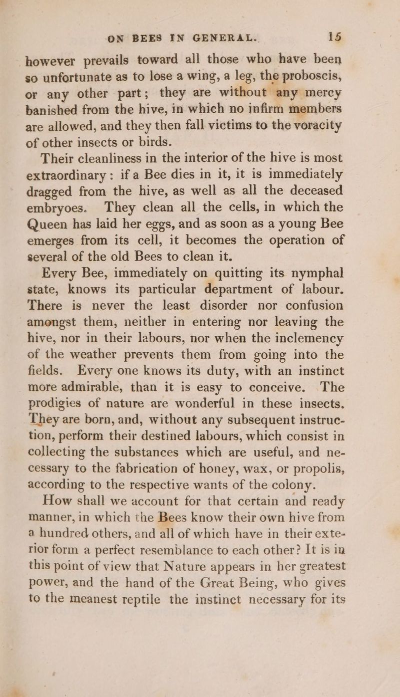 however prevails toward all those who have been so unfortunate as to lose a wing, a leg, the proboscis, or any other part; they are without any mercy banished from the hive, in which no infirm members are allowed, and they then fall victims to the voracity of other insects or birds. Their cleanliness in the interior of the hive is most extraordinary : if a Bee dies in it, it is immediately dragged from the hive, as well as all the deceased embryoes. They clean all the cells, in which the Queen has laid her eggs, and as soon as a young Bee emerges from its cell, it becomes the operation of several of the old Bees to clean it. Every Bee, immediately on quitting its nymphal state, knows its particular department of labour. There is never the least disorder nor confusion amongst them, neither in entering nor leaving the hive, nor in their labours, nor when the inclemency of the weather prevents them from going into the fields. Every one knows its duty, with an instinct more admirable, than it is easy to conceive. The prodigies of nature are wonderful in these insects, They are born, and, without any subsequent instruc- tion, perform their destined labours, which consist in collecting the substances which are useful, and ne- cessary to the fabrication of honey, wax, or propolis, according to the respective wants of the colony. How shall we account for that certain and ready manner, in which the Bees know their own hive from a hundred others, and all of which have in their exte- rior form a perfect resemblance to each other? It is in this point of view that Nature appears in her greatest power, and the hand of the Great Being, who gives to the meanest reptile the instinct necessary for its