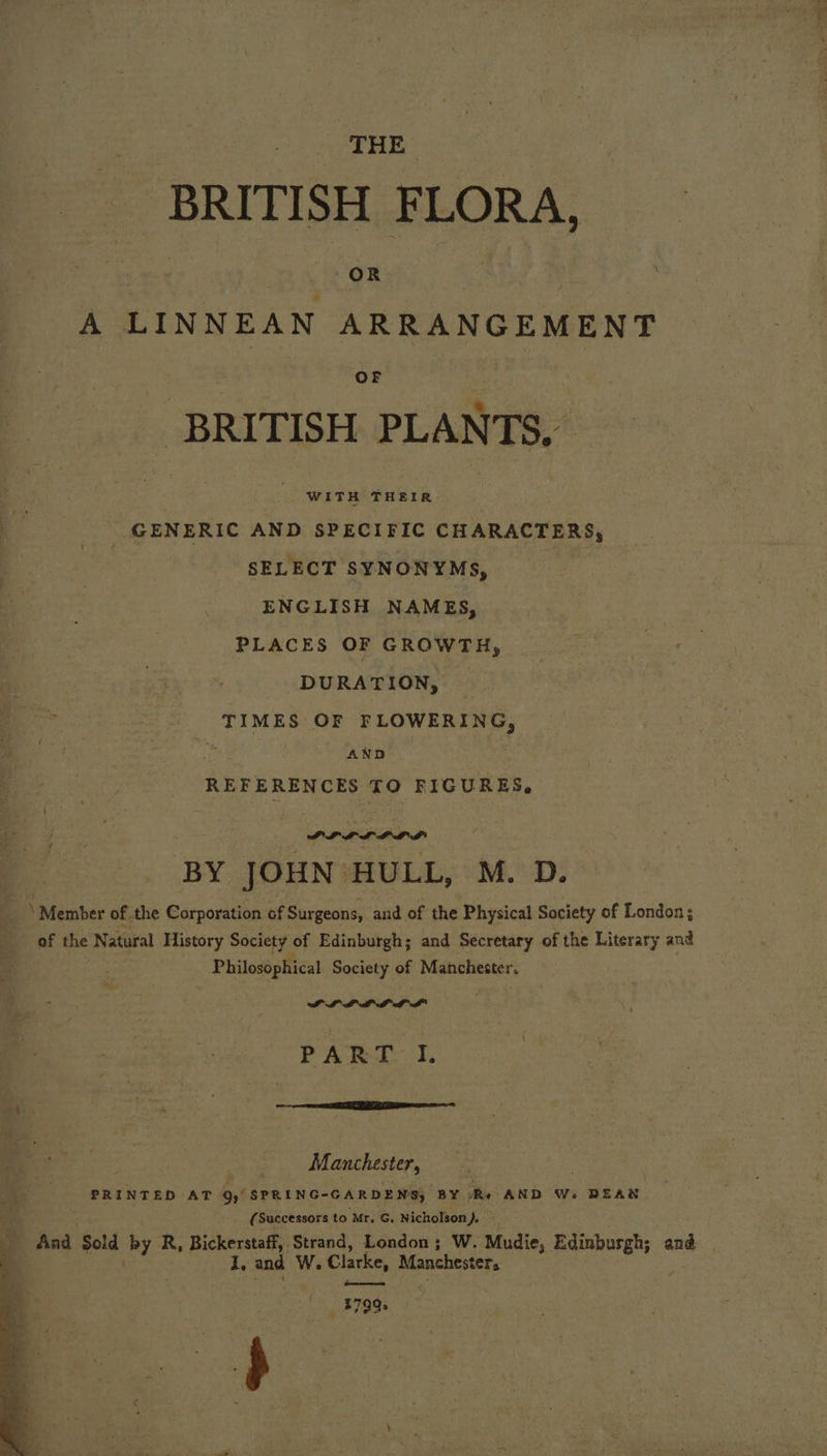 BRITISH FLORA, A LINNEAN ARRANGEMENT ‘BRITISH PLANTS, WITH THEIR GENERIC AND SPECIFIC CHARACTERS; SELECT SYNONYMS, | ENGLISH NAMES, PLACES OF GROWTH, DURATION, _ TIMES OF FLOWERING, AND REFERENCES TO FIGURES, PLL LIDS BY JOHN HULL, M. D. \ ‘Member ofthe Corporation of Surgeons, and of the Physical Society of London; of the Natural History roe of Edinburgh; and Secretary of the Literary and Philosophical Society of Manchester. PP LLD LAL LA LL” PART I. Manchester, PRINTED AT 9, SPRING- GARDENS; BY Re AND Ws. DEAN : (Successors to Mr, G. Nicholson). And Sold by R, Bickerstaff, Strand, London; W. Mudie, Edinburgh; and ¥ ae and W. Clarke, Manchester, , ri 3799»