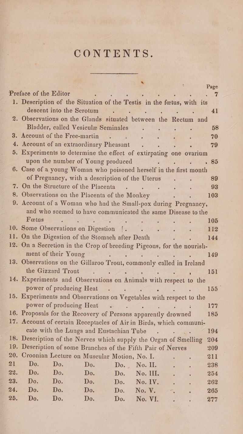 CONTENTS. , Page Preface of the Editor : ; ad 1. Description of the Situation of the Testis in the Festus with its , descent into the Scrotum : 4] 2. Observations on the Glands slitiated between the Hectuie and Bladder, called Vesiculee Seminales : : : : 58 3. Account of the Free-martin . , ; ais 70 4, Account of an extraordinary Biieteant : : : . 79 5. Experiments to determine the effect of extirpating one ovarium upon the number of Young produced ; : : « 85 6. Case of a young Woman who poisoned herself in the first month of Pregnancy, with a description of the Uterus. : 89 7. On the Structure of the Placenta. 5 : F 93 8. Observations on the Placenta of the Neues ; : 103 9. Account of a Woman who had the Small-pox during Pregnancy, and who seemed to have communicated the same Disease to the Fetus ; : j : : ; 105 10. Some ee on Wigesion iz : : : : 112 11. On the Digestion of the Stomach after Death ‘ 144 12. On a Secretion in the Crop of breeding Pigeons, for the vioifiiale ment of their Young ~ 149 13. Observations on the Gillaroo PFOLL abmdionly conte in Trelend the Gizzard Trout ‘ : : 151 14. Experiments and Observations on ere sith seahert to the power of producing Heat. : ‘ 155 15. Experiments and Observations on Veccishice with oo tE to the power of producing Heat : : : 177 16. Proposals for the Recovery of Persons apiaceualy drowned 185 17. Account of certain Receptacles of Airin Birds, which communi- cate with the Lungs and Eustachian Tube. : 194 18. Description of the Nerves which supply the Organ of Salting 204 19. Description of some Branches of the Fifth Pair of Nerves 209 20. Croonian Lecture on Muscular Motion, No. I. : : 211 Me. Doc... De, Do. No. IL. aos 238 22. Do; Do. Do. Do. No. III. : ; 254 23. De. Do. Do. Do. No. IV. : : 262 24. Do. Do. Do. Do. No. V. i, : 265