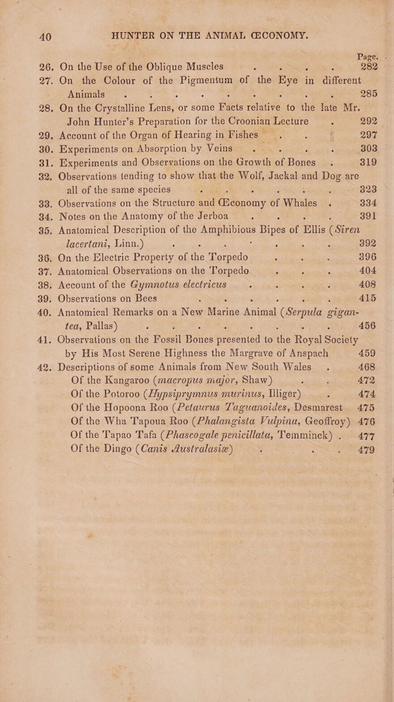Page. On the Use of the Oblique Muscles : ; ; 282 On the Colour of the Wie of the nye in different Animals. ; 4 285 On the Crystalline Lens, or some BRE rage to ie fies Mr. John Hunter’s Preparation for the Croonian Lecture : 292 Account of the Organ of Hearing in Fishes. : b 297 Experiments on Absorption by Veins aS + 303. Experiments and Observations on the Growth of Dates ; 319 Observations tending to show that the Wolf, Jackal and Dog are all of the same species é = ; 323 Observations on the Structure and ee of Whales . 334 Notes on the Anatomy of the Jerboa. : : 391 Anatomical Description of the et bipes of Ellis (Siren lacertani, Linn.) ; : ; 392 On the Electric Property of the Tet : : 5 396 Anatomical Observations on the ‘Torpedo : ; : 404 Account of the Gymnotus electricus : ‘ , : 408 Observations on Bees : 415 Anatomical Remarks on a New Maite nary Sear gigan- tea, Pallas) : 456 Observations on the oat Hones serene to ae Hoe al Sicibty by His Most Serene Highness the Margrave of Anspach 459 Descriptions of some Animals from New South Wales. 468 Of the Kangaroo (macropus major, Shaw) : , 472 Of the Potoroo (Hypsiprymnus murinus, Iliger) : 474. Of the Hopoona Roo (Petaurus Taguanoides, Desmarest 475 Of the Wha Tapoua Roo (Phalangista Vulpina, Geoffroy) 476 Of the Tapao Tafa (Phascogale penicillata, 'Temminck) . 477 Of the Dingo (Canis Australasiz) : : ~ ago