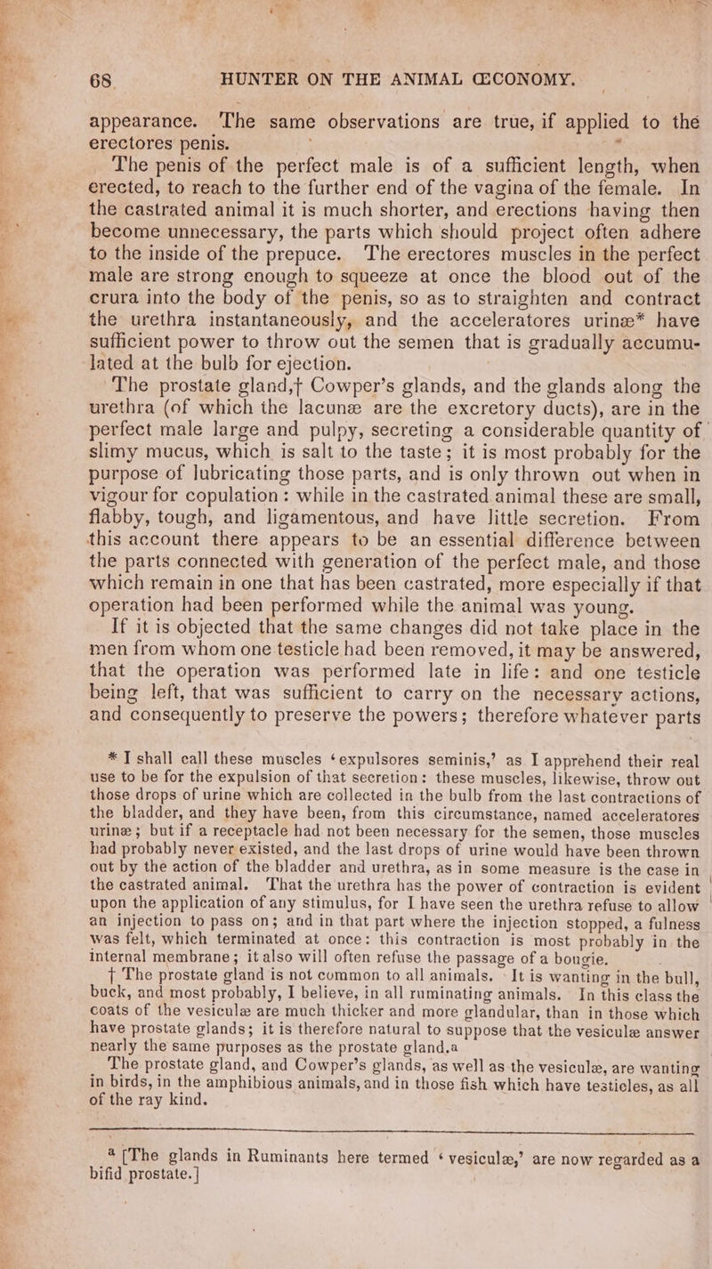 — ison 68 HUNTER ON THE ANIMAL GCONOMY. appearance. ‘The same observations are true, if applied to thé erectores penis. ; ; The penis of the perfect male is of a sufficient length, when erected, to reach to the further end of the vagina of the female. In the castrated animal it is much shorter, and erections having then become unnecessary, the parts which should project often adhere to the inside of the prepuce. The erectores muscles in the perfect male are strong enough to squeeze at once the blood out of the crura into the body of the penis, so as to straighten and contract the urethra instantaneously, and the acceleratores urine* have sufficient power to throw out the semen that is gradually accumu- lated at the bulb for ejection. | The prostate gland,t Cowper’s glands, and the glands along the urethra (of which the lacunz are the excretory ducts), are in the perfect male large and pulpy, secreting a considerable quantity of | slimy mucus, which is salt to the taste; it is most probably for the purpose of lubricating those parts, and is only thrown out when in vigour for copulation: while in the castrated animal these are small, flabby, tough, and ligamentous, and have little secretion. From the parts connected with generation of the perfect male, and those which remain in one that has been castrated, more especially if that operation had been performed while the animal was young. If it is objected that the same changes did not take place in the men from whom one testicle had been removed, it may be answered, that the operation was performed late in life: and one testicle being left, that was sufficient to carry on the necessary actions, and consequently to preserve the powers; therefore whatever parts * T shall call these muscles ‘expulsores seminis,’ as I apprehend their real use to be for the expulsion of that secretion: these muscles, likewise, throw out those drops of urine which are collected in the bulb from the last contractions of the bladder, and they have been, from this circumstance, named acceleratores urine ; but if a receptacle had. not been necessary for the semen, those muscles had probably never existed, and the last drops of urine would have been thrown out by the action of the bladder and urethra, as in.some measure is the case in the castrated animal. ‘That the urethra has the power of contraction is evident upon the application of any stimulus, for I have seen the urethra refuse to allow an injection to pass on; and in that part where the injection stopped, a fulness was felt, which terminated at once: this contraction is most probably in. the internal membrane; it also will often refuse the passage of a bongie. { The prostate gland is not common to all animals. » It is wanting in the bull, buck, and most probably, I believe, in all ruminating animals. In this class the coats of the vesicule are much thicker and more glandular, than in those which have prostate glands; it is therefore natural to suppose that the vesicule answer nearly the same purposes as the prostate gland.a The prostate gland, and Cowper’s glands, as well as-the vesicule, are wanting in birds, in the amphibious animals, and in those fish which have testicles, as all of the ray kind. Sa AR nS a ae rE MS Oe Se Ee 4 (The glands in Ruminants here termed < vesicule,’ are now regarded as a bifid prostate. | |