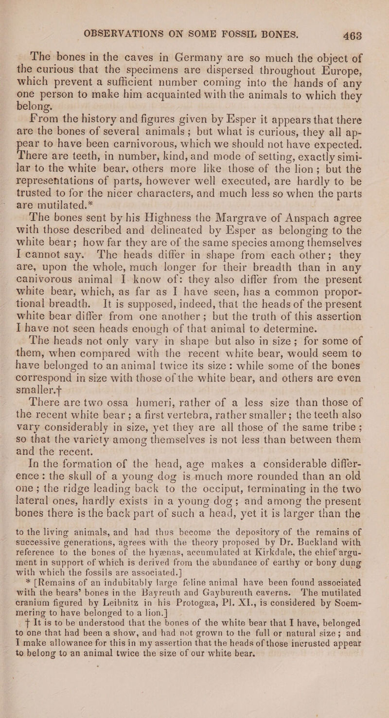 The bones in the caves in Germany are so much the object of the curious that the specimens are dispersed throughout Europe, which prevent a sufficient number coming into the hands of any one person to make him acquainted with the animals to which they belong. | From the history and figures given by Esper it appears that there are the bones of several animals; but what is curious, they all ap- pear to have been carnivorous, which we should not have expected. There are teeth, in number, kind, and mode of setting, exactly simi- lar to the white bear, others more like those of the lion; but the representations of parts, however well executed, are hardly to be trusted to for the nicer characters, and much less so when the parts are mutilated.* The bones sent by his Highness the Margrave of Anspach agree with those described and delineated by Esper as belonging to the white bear; how far they are of the same species among themselves IT cannot say. The heads differ in shape from each other; they are, upon the whole, much longer for their breadth than in any canivorous animal J. know of: they also differ from the present white bear, which, as far as I have seen, has a common propor- tional breadth. It is supposed, indeed, that the heads of the present white bear differ from one another; but the trath of this assertion I have not seen heads enough of that animal to determine. The heads not only vary in shape but also in size; for some of them, when compared with the recent white bear, would seem to have belonged to an animal twice its size: while some of the bones correspond in size with those of the white bear, and others are even smaller.t There are two ossa humeri, rather of a less size than those of the recent white bear; a first vertebra, rather smaller; the teeth also vary considerably in size, yet they are all those of the same tribe ; so that the variety among themselves is not less than between them and the recent. In the formation of the head, age makes a considerable difler- ence: the skull of a young dog is much more rounded than an old one ; the ridge leading back to the occiput, terminating in the two lateral ones, hardly exists in a young dog; and among the present bones there is the back part of such a head, yet it is larger than the to the living animals, and had thus become the depository of the remains of successive generations, agrees with the theory proposed by Dr. Buckland with reference to the bones of the hyenas, accumulated at Kirkdale, the chief argu- ment in support of which is derived from the abundance of earthy or bony dung with which the fossils are associated.] * [Remains of an indubitably large feline animal have been found associated with the bears’ bones in the Bayreuth and Gaybureuth caverns. The mutilated cranium figured by Leibnitz in his Protogea, Pl. XI., is considered by Soem- mering to have belonged to a Jion.] ft It is to be understood that the bones of the white bear that I have, belonged to one that had been a show, and had not grown to the full or natural size; and I make allowance for this in my assertion that the heads of those incrusted appear to belong to an animal twice the size of our white bear.