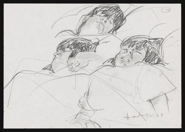 Three views of the face of a woman in labour, all with her eyes closed.