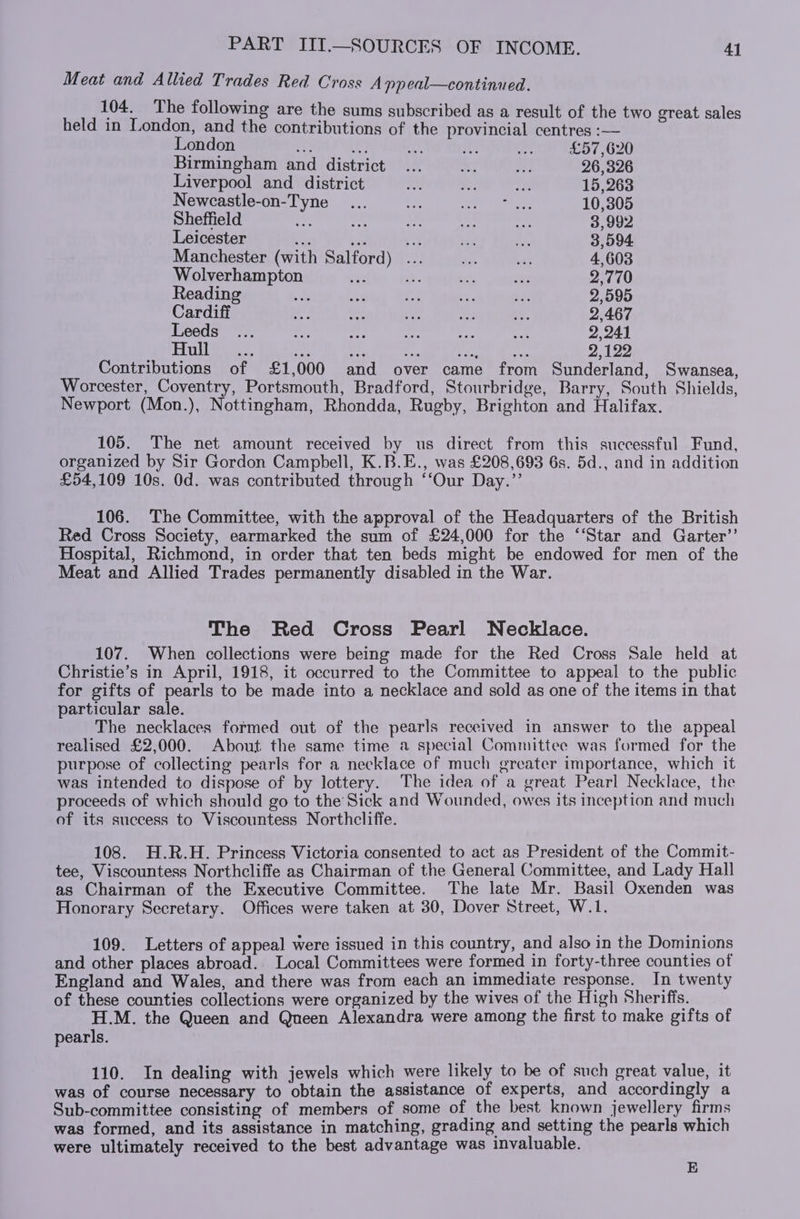 Meat and Allied Trades Red Cross Appeal—continued. 104. The following are the sums subscribed as a result of the two great sales held in London, and the contributions of the provincial centres :— London ur ei 7  er. £57,620 Birmingham and district. ... ae ik 26,326 Liverpool and district a Wo: oe 15,263 Newcastle-on-Tyne... off: cy Mako oy: 10,305 Sheffield ae +5 . Ah — 3,992 Leicester tes Lol Ws A a 3,594. Manchester (with Salford) ... sh ish 4,603 Wolverhampton . y ae 2,770 Reading r ue Gi , nh 2,595 Cardiff aT we Ve ie if. 2,467 Leeds... ae a: “er se ne 2,24) Ete 2,122 Contributions of £1,000 and over came from Sunderland, Swansea, Worcester, Coventry, Portsmouth, Bradford, Stourbridge, Barry, South Shields, Newport (Mon.), Nottingham, Rhondda, Rugby, Brighton and Halifax. 105. The net amount received by us direct from this successful Fund, organized by Sir Gordon Campbell, K.B.E., was £208,693 6s. 5d., and in addition £54,109 10s. Od. was contributed through ‘“‘Our Day.”’ 106. The Committee, with the approval of the Headquarters of the British Red Cross Society, earmarked the sum of £24,000 for the “‘Star and Garter’ Hospital, Richmond, in order that ten beds might be endowed for men of the Meat and Allied Trades permanently disabled in the War. The Red Cross Pearl Necklace. 107. When collections were being made for the Red Cross Sale held at Christie’s in April, 1918, it occurred to the Committee to appeal to the public for gifts of pearls to be made into a necklace and sold as one of the items in that particular sale. The necklaces formed out of the pearls received in answer to the appeal realised £2,000. About the same time a special Committee was formed for the purpose of collecting pearls for a necklace of much greater importance, which it was intended to dispose of by lottery. The idea of a great Pearl Necklace, the proceeds of which should go to the Sick and Wounded, owes its inception and much of its success to Viscountess Northcliffe. 108. H.R.H. Princess Victoria consented to act as President of the Commit- tee, Viscountess Northcliffe as Chairman of the General Committee, and Lady Hall as Chairman of the Executive Committee. The late Mr. Basil Oxenden was Honorary Secretary. Offices were taken at 30, Dover Street, W.1. 109. Letters of appeal were issued in this country, and also in the Dominions and other places abroad. Local Committees were formed in forty-three counties of England and Wales, and there was from each an immediate response. In twenty of these counties collections were organized by the wives of the High Sheriffs. H.M. the Queen and Queen Alexandra were among the first to make gifts of pearls. 110. In dealing with jewels which were likely to be of such great value, it was of course necessary to obtain the assistance of experts, and accordingly a Sub-committee consisting of members of some of the best known jewellery firms was formed, and its assistance in matching, grading and setting the pearls which were ultimately received to the best advantage was invaluable. E