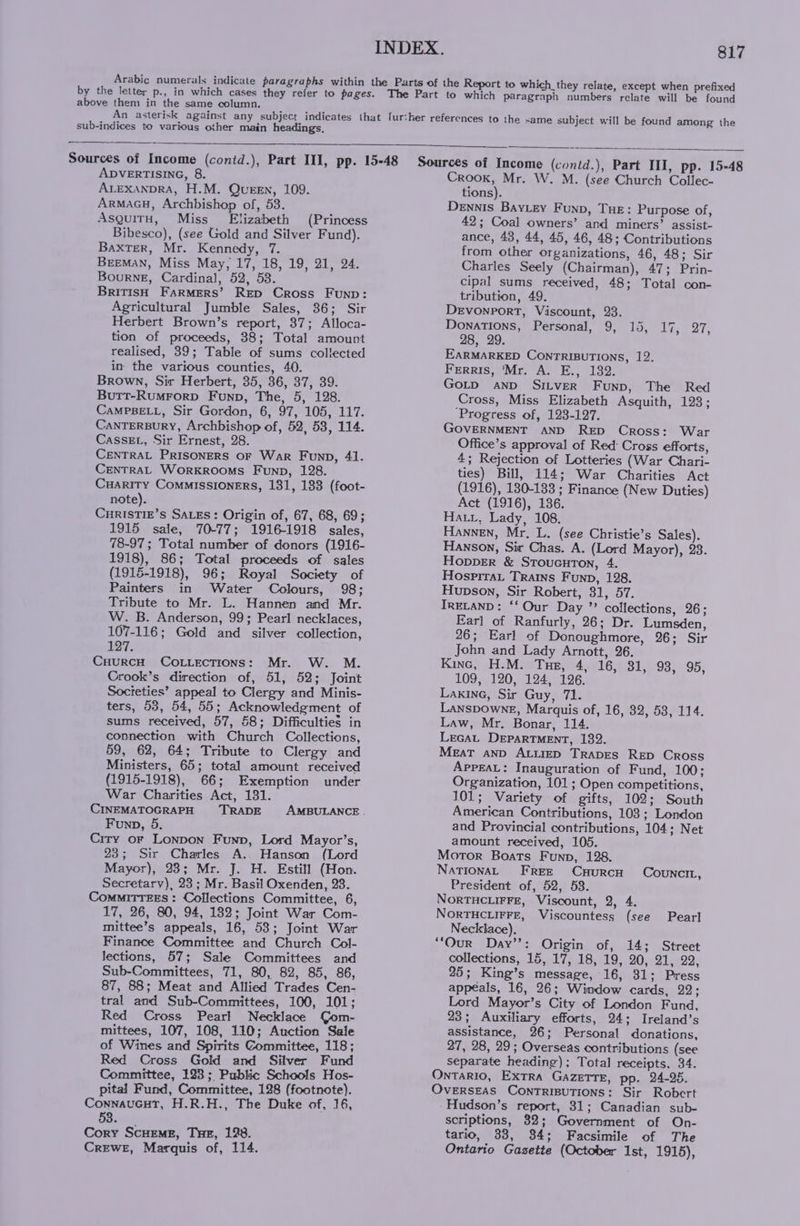 Arabic numerals indicate paragraphs within the Parts of the Report to which_they relate, except when prefixed by the letter p., in which cases they refer to pages. The Part to which paragraph numbers relate will be found above them in the same column. An asterisk against any subject indicates that fur:her references to the same subject will be found among the sub-indices to various other main headings, Sources of Income (conid.), Part III, pp. 15-48 Sources of Income (contd.), Part III, pp. 15-48 ADVERTISING, 8. ALEXANDRA, H.M. QuEEN, 109. ArMaGH, Archbishop of, 53. AsguitH, Miss Elizabeth (Princess Bibesco), (see Gold and Silver Fund). Baxter, Mr. Kennedy, 7. BEEMAN, Miss May, 17, 18, 19, 21, 24. Bourne, Cardinal, 52, 53. BritisH Farmers’ Rep Cross Funp: Agricultural Jumble Sales, 36; Sir Herbert Brown’s report, 37; Alloca- tion of proceeds, 38; Total amount realised, 39; Table of sums collected in the various counties, 40. Brown, Sir Herbert, 35, 36, 37, 39. Butt-Rumrorp Funp, The, 5, 128. CAMPBELL, Sir Gordon, 6, 97, 105, 117. CanTersury, Archbishop of, 52, 58, 114. CaSsEL, Sir Ernest, 28. CENTRAL PRISONERS OF War Funp, 41. CENTRAL WorkKRooMs Funp, 128. Cuarity Commissioners, 131, 133 (foot- note). CHRISTIE’S SALES: Origin of, 67, 68, 69; 1915 sale, 70-77; 1916-1918 sales, 78-97 ; Total number of donors (1916- 1918), 86; Total proceeds of sales (1915-1918), 96; Royal Society of Painters in Water Colours, 98; Tribute to Mr. L. Hannen and Mr. W. B. Anderson, 99; Pearl necklaces, 107-116; Gold and silver collection, 127. CuurcH COoLLEcTIONS: Mr. W. M. Crook’s direction of, 51, 52; Joint Societies’ appeal to Clergy and Minis- ters, 53, 54, 55; Acknowledgment of sums received, 57, 58; Difficulties in connection with Church Collections, 59, 62, 64; Tribute to Clergy and Ministers, 65; total amount received (1915-1918), 66; Exemption under War Charities Act, 1381. Funp, 5. Crry or Lonpon Funp, Lord Mayor’s, 23; Sir Charles A.. Hanson (Lord Mayor), 23; Mr. J. H. Estill (Hon. Secretary), 23; Mr. Basil Oxenden, 28. CommitTEEs: Collections Committee, 6, 17, 26, 80, 94, 182; Joint War Com- mittee’s appeals, 16, 53; Joint War Finance Committee and Church Col- lections, 57; Sale Committees and Sub-Committees, 71, 80, 82, 85, 86, 87, 88; Meat and Allied Trades Cen- tral and Sub-Committees, 100, 101; Red Cross Pearl Necklace (Gom- mittees, 107, 108, 110; Auction Sale of Wines and Spirits Committee, 118; Red Cross Gold and Silver Fund Committee, 123; Public Schools Hos- pital Fund, Committee, 128 (footnote). ConnauGnT, H.R.H., The Duke of, 16, 58. Cory Scueme, THE, 128. CrewE, Marquis of, 114. Crook, Mr. W. M. (see Church Collec- tions). Dennis BayLey Funp, Tue: Purpose of, 42; Coal owners’ and miners’ assist- ance, 43, 44, 45, 46, 48; Contributions from other organizations, 46, 48; Sir Charles Seely (Chairman), 47; Prin- cipal sums received, 48; Total con- tribution, 49. DEVONPORT, Viscount, 23. Donations, Personal, 9, 15, 17, 27, 28, 29. EaRMARKED Conrrisutions, 12. Ferris, 'Mr. A. E., 132. GoLD AND SiLver Funp, The Red Cross, Miss Elizabeth Asquith, 123; ‘Progress of, 123-127. GOVERNMENT AND RED Cross: War Office’s approval of Red: Cross efforts, 4; Rejection of Lotteries (War Chari- ties) Bill, 114; War Charities Act (1916), 130-133 ; Finance (New Duties) Act (1916), 136. Harr, Lady, 108. Hannen, Mr. L. (see Christie’s Sales). Hanson, Sir Chas. A. (Lord Mayor), 23. Hopper & Stoucuron, 4. HosprraL Trains Funp, 128. Hupson, Sir Robert, 31, 57. IrELaND: ‘‘ Our Day ”’ collections, 26; Earl of Ranfurly, 26; Dr. Lumsden, 26; Earl of Donoughmore, 26; Sir John and Lady Arnott, 26. Kinc, H.M. Tue, 4, 16, 31, 93, 95, 109,120, 124.5126, LaxkinG, Sir Guy, 71. LanspowneE, Marquis of, 16, 32, 58, 114. Law, Mr. Bonar, 114. LecaL DEPARTMENT, 132. MeaT anD ALLIED Trapes Rep Cross APPEAL: Inauguration of Fund, 100; Organization, 101; Open competitions, 101; Variety of gifts, 102; South American Contributions, 103; London and Provincial contributions, 104; Net amount received, 105. Motor Boats Funp, 128. NationaL FREE CuHurcy CouncIL, President of, 52, 53. NORTHCLIFFE, Viscount, 2, 4. NORTHCLIFFE, Viscountess (see Pearl Necklace). “Our Day’’: Origin of, 14; Street collections, 15, 17, 18, 19, 20, 21, 22, 25; King’s message, 16, 31; Press appeals, 16, 26; Window cards, 22; Lord Mayor’s City of London Fund, 23; Auxiliary efforts, 24; Ireland’s assistance, 26; Personal donations, 27, 28, 29; Overseas contributions (see separate heading); Total receipts, 34. OntTaRIO, Extra GAZETTE, pp. 24-25. Oversess Contrisutions: Sir Robert -Hudson’s report, 31; Canadian sub- scriptions, 82; Government of On- tario, 38, 384; Facsimile of The Ontario Gazette (October Ist, 1915),